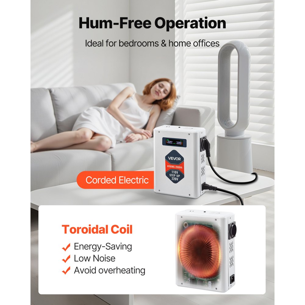 VEVOR Spannungswandler aufwärts, 2000 VA, Hochleistungs-Aufwärtswandler, 110 V auf 220 V Leistungstransformator, mit 2 EU-Steckdosen, USB-Ausgang, LCD-Display, Temperaturschutz, für 220-V-Geräte