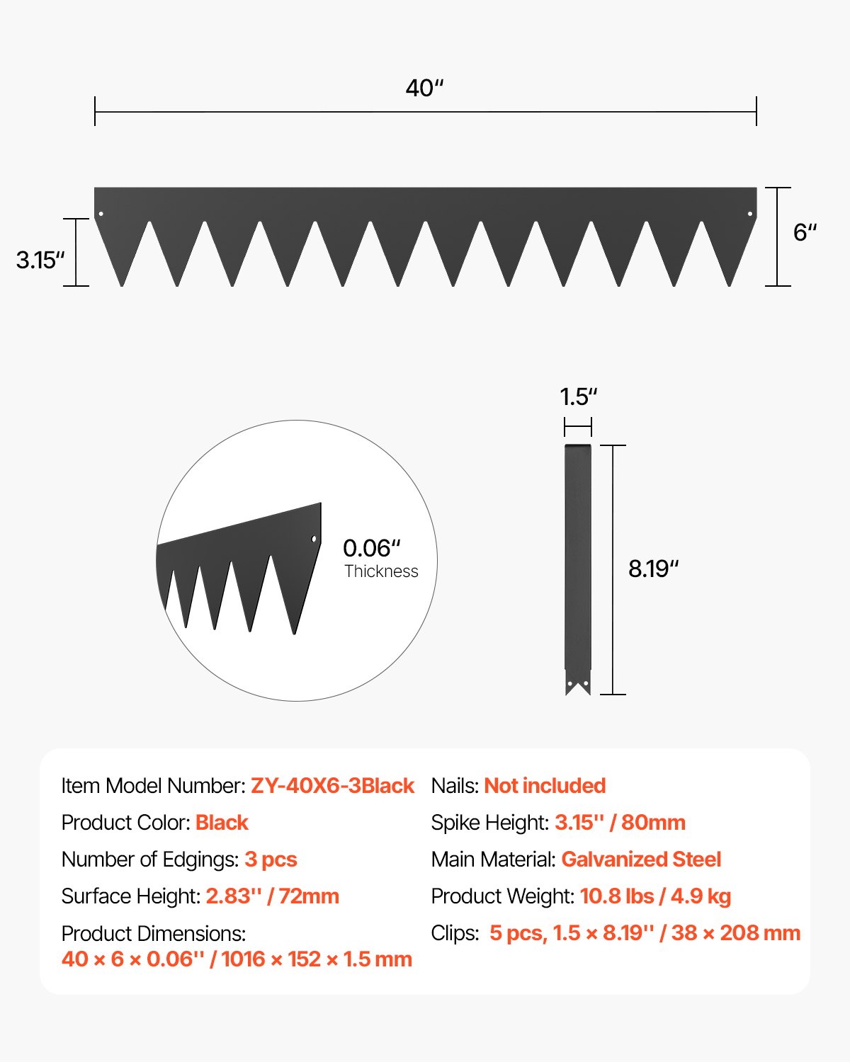 VEVOR Lawn Edging, 3-Pack 38x208 mm, Bed Edging, Garden Palisade, Flexible Garden Edging, Robust Bed Border, Easy to Install, Divider for Flower Beds & Paths, Black
