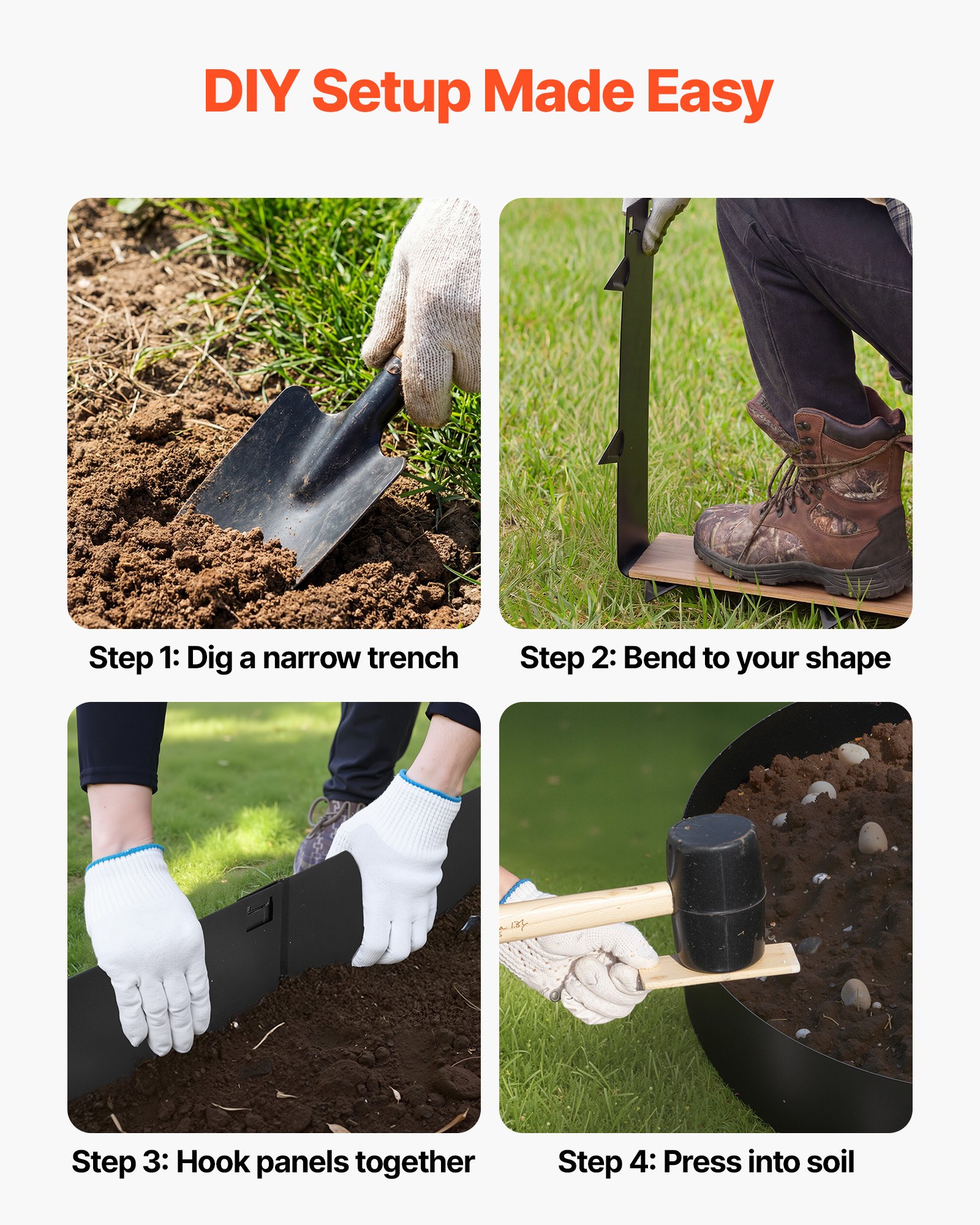 VEVOR Rasenkante 6er-Pack 1016x207 mm, Beeteinfassung aus Verzinktem Stahl, inkl. Handschuhen, Rasenbleche, Mähkante, Metall Palisade, Beetumrandung für Blumenbeete & Gartenwege