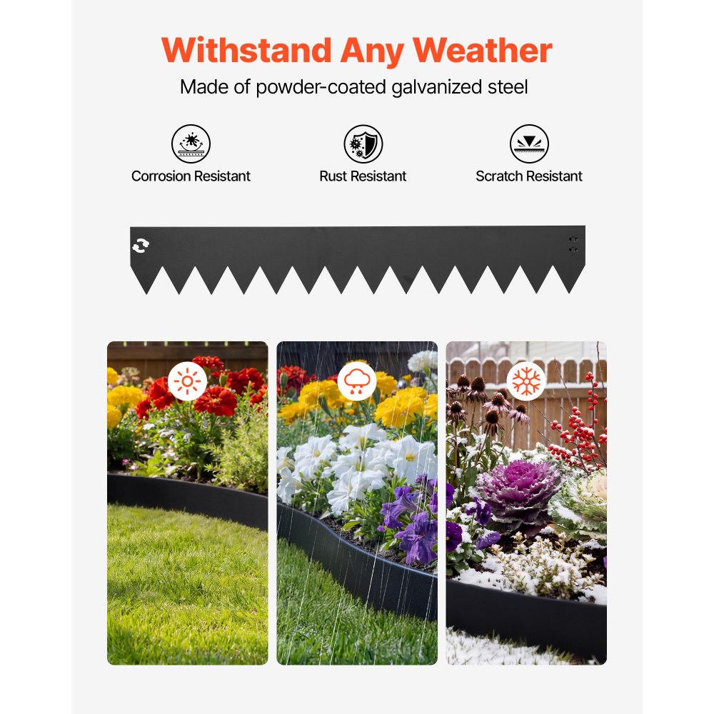 VEVOR Rasenkante 6er-Pack 1016x152 mm, Beeteinfassung mit 6 Befestigungsclips, Rasenbleche aus Verzinktem Stahl, Mähkante, Metall Palisade, Beetumrandung für Blumenbeete & Gartenwege, Schwarz