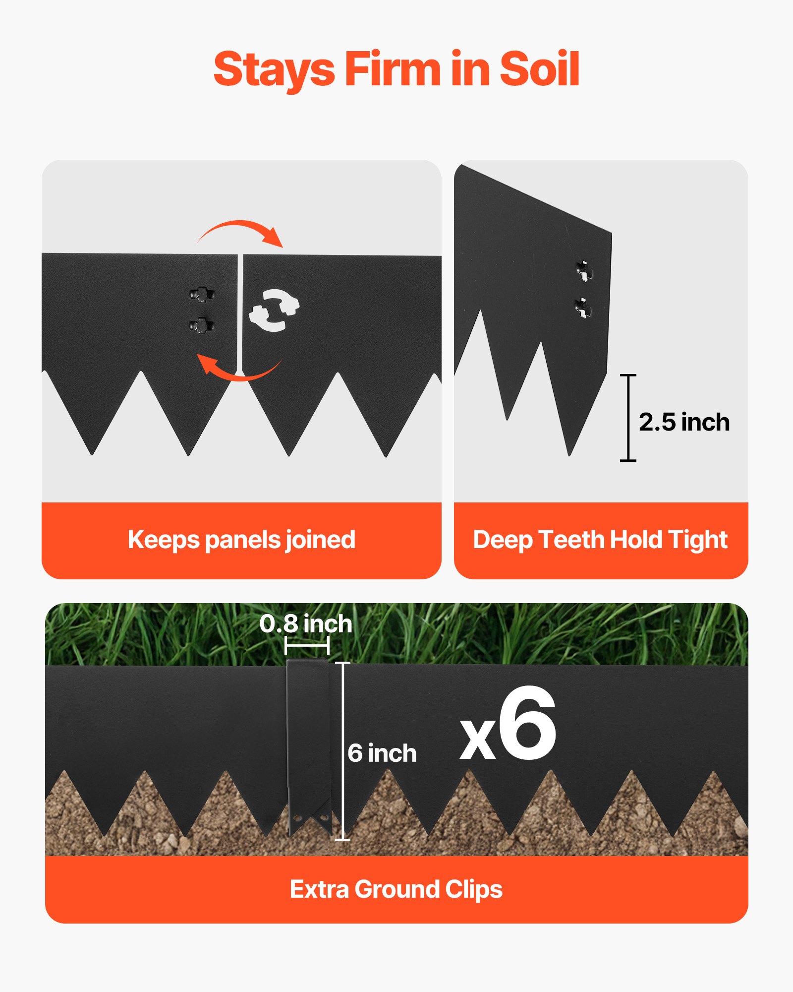 VEVOR Rasenkante 6er-Pack 1016x152 mm, Beeteinfassung mit 6 Befestigungsclips, Rasenbleche aus Verzinktem Stahl, Mähkante, Metall Palisade, Beetumrandung für Blumenbeete & Gartenwege, Schwarz