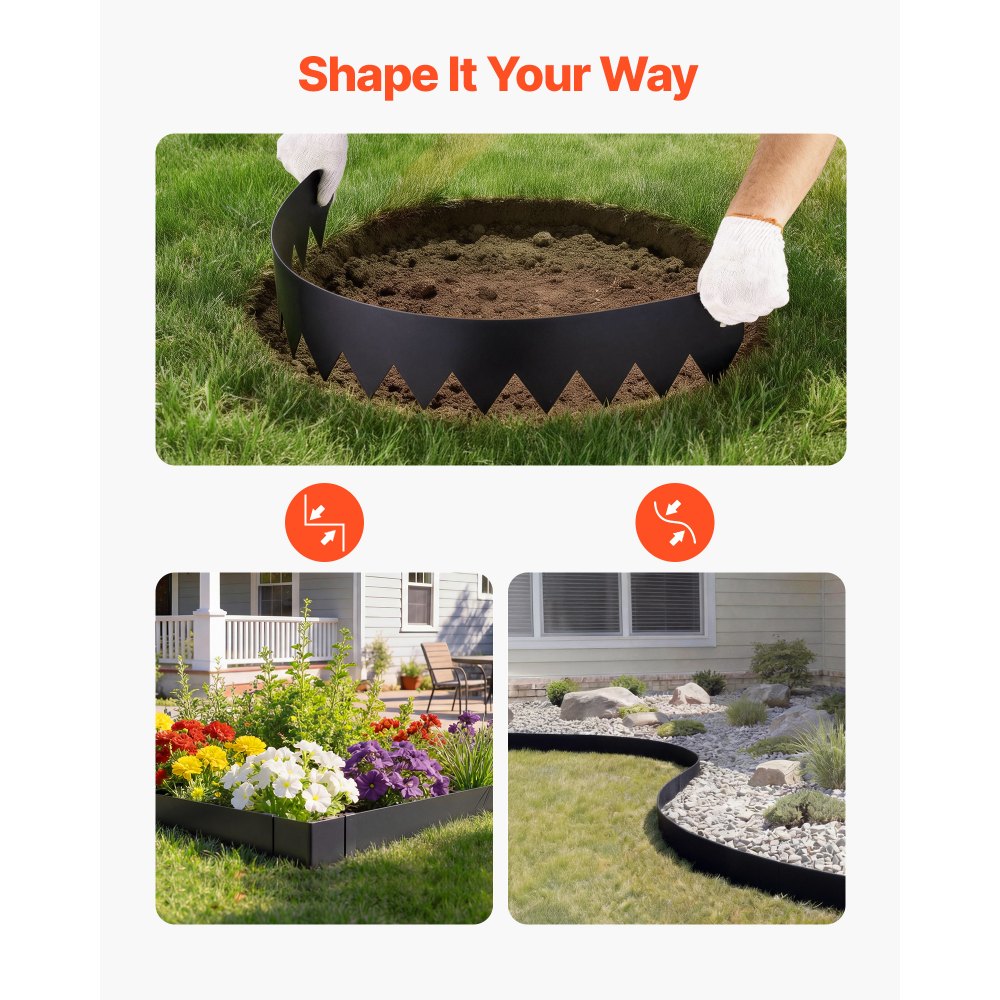 VEVOR Rasenkante 6er-Pack 1016x203 mm, Beeteinfassung mit 6 Befestigungsclips, Biegsame Rasenbleche aus Verzinktem Stahl, Mähkante, Palisade Beetumrandung für Blumenbeete & Gartenwege, Schwarz