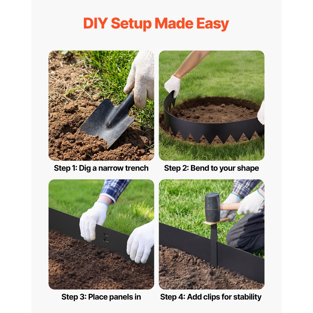 VEVOR Rasenkante 6er-Pack 1016x203 mm, Beeteinfassung mit 6 Befestigungsclips, Biegsame Rasenbleche aus Verzinktem Stahl, Mähkante, Palisade Beetumrandung für Blumenbeete & Gartenwege, Schwarz