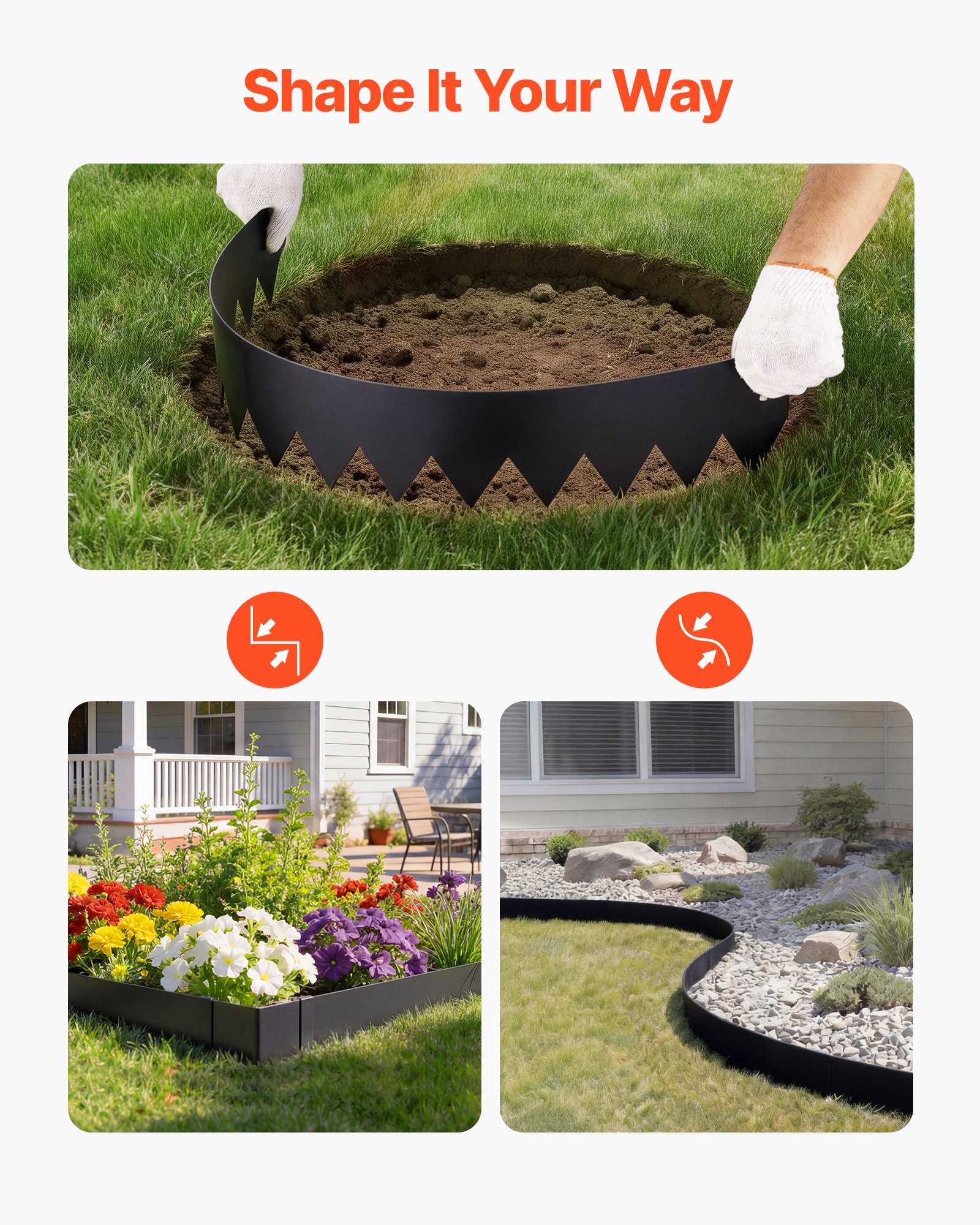 VEVOR Rasenkante 6er-Pack 1016x203 mm, Beeteinfassung mit 6 Befestigungsclips, Biegsame Rasenbleche aus Verzinktem Stahl, Mähkante, Palisade Beetumrandung für Blumenbeete & Gartenwege, Schwarz