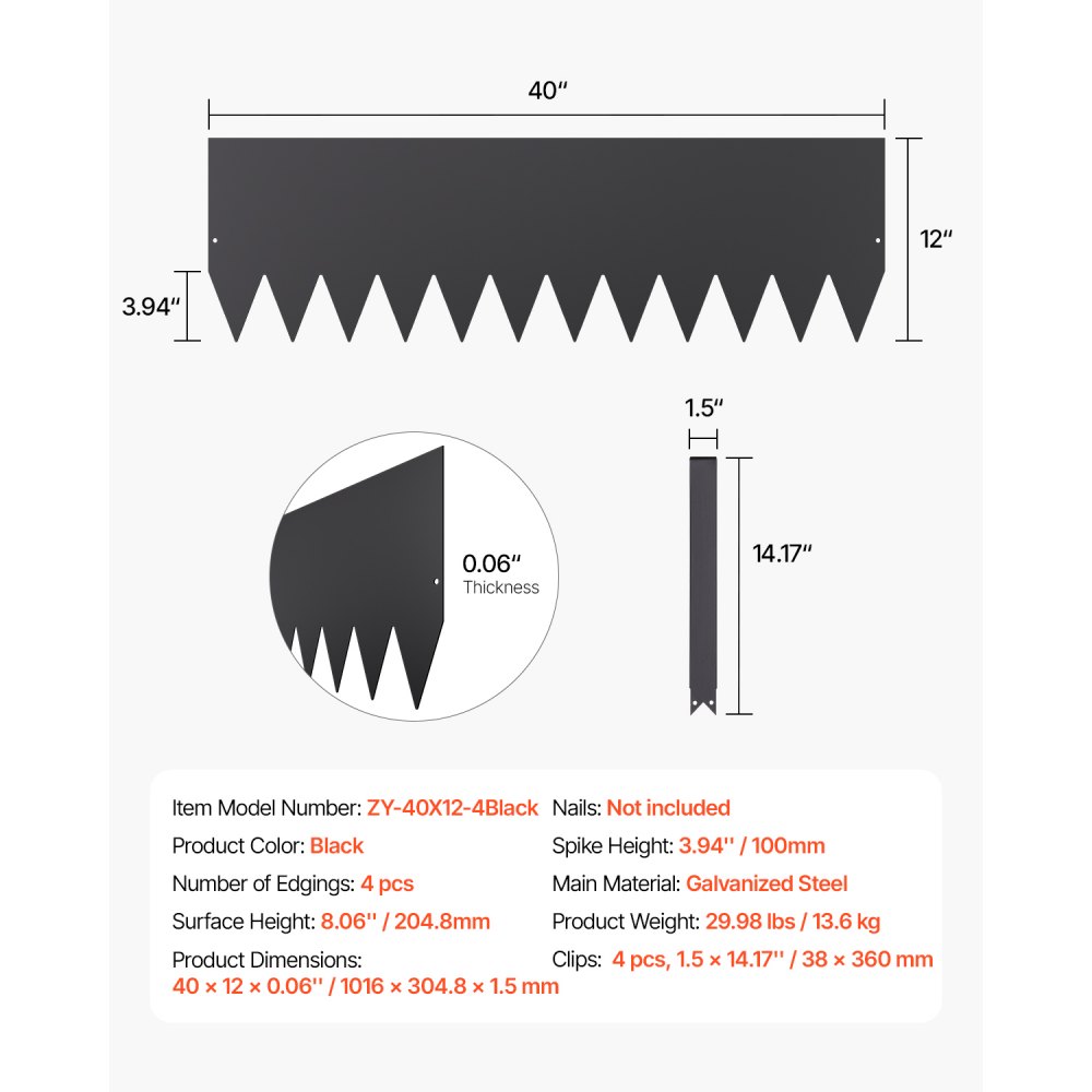 VEVOR Rasenkante, 4er-Set, 1016x304,8x1,5 mm, rostbeständige Beeteinfassung aus Metall, Beetumrandung, Raseneinfassung, einfach zu installieren, Trennwand für Blumenbeete, Hofwege schwarz