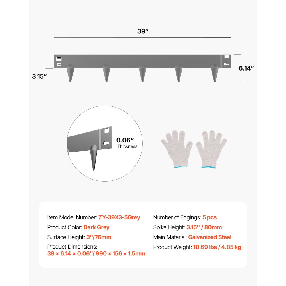 VEVOR Rasenkante 5er-Pack, Beeteinfassung 990x156 mm, Metall-Beetumrandung, biegbare Garteneinfassung, robuste Gartenpalisade, einfach zu installieren, Blumenbeet-Gartenweg-Teiler, dunkelgrau