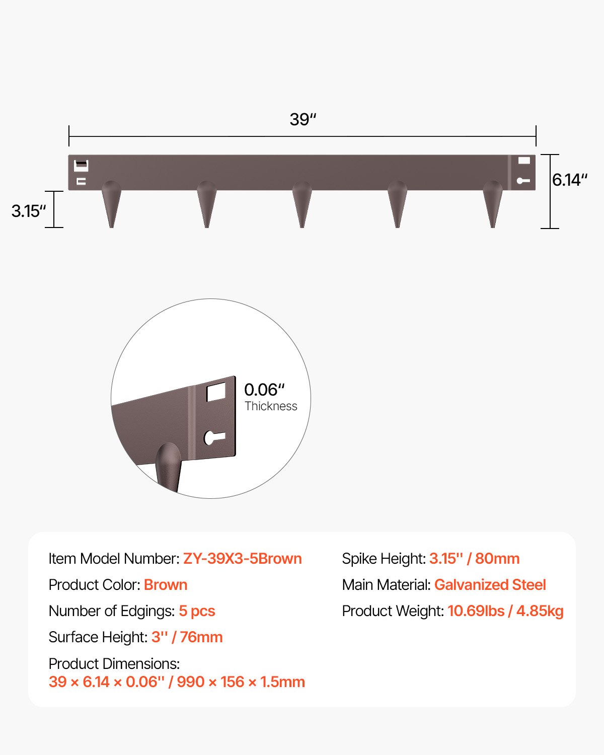 VEVOR Rasenkante, 5er-Pack, 990x156x1,5 mm, Metall-Beeteinfassung, Beetumrandung, robuste Raseneinfassung, einfach zu installieren, Trennwand für Blumenbeete, Hofwege, Braun