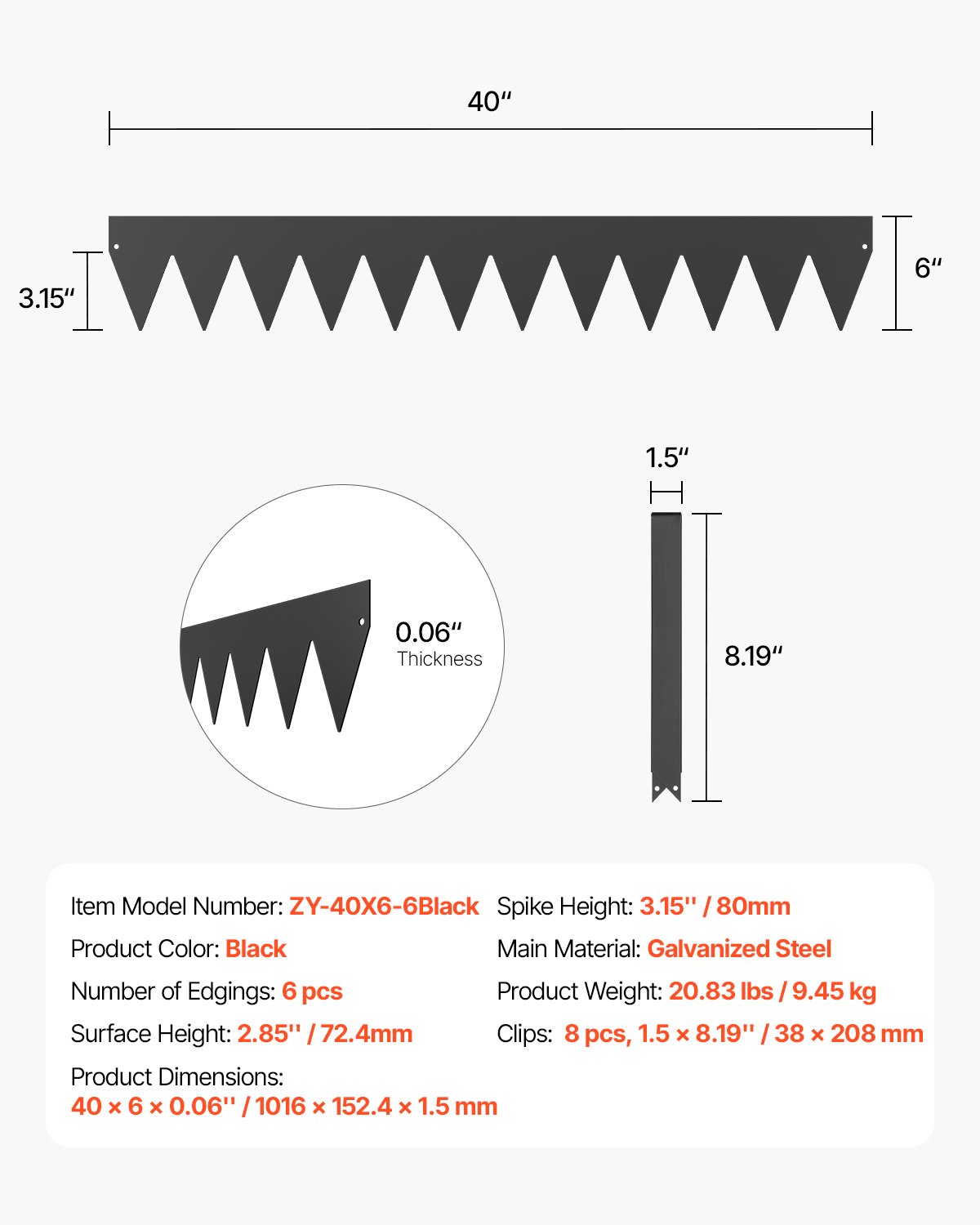 VEVOR Rasenkante, 6er-Pack, 1016x152,4x1,5 mm, Metall-Beeteinfassung, biegbare Garteneinfassung, Beetumrandung, einfach zu installieren, Trennwand für Blumenbeete, Hofwege, Schwarz