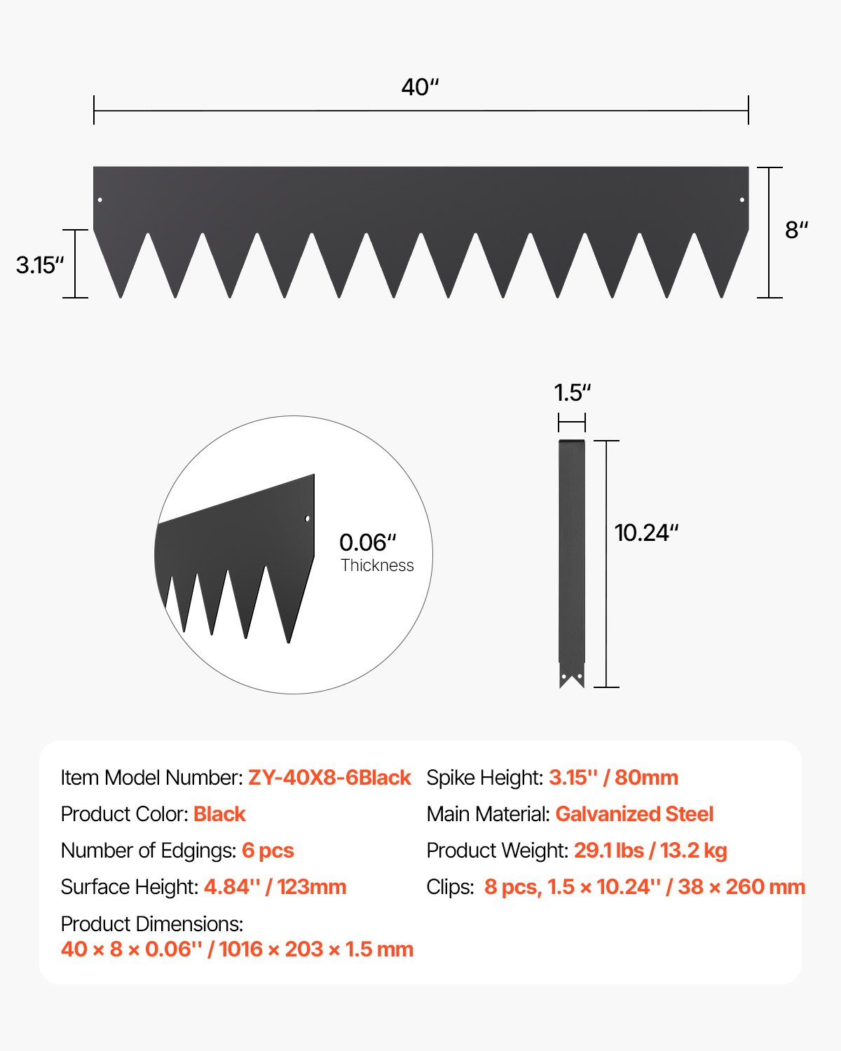 VEVOR Rasenkante, 6er-Set, 1016x203x1,5 mm, rostbeständige Beeteinfassung aus Metall, biegbare Beetumrandung, Raseneinfassung, einfach zu installieren, Trennwand für Blumenbeete, Hofwege, schwarz