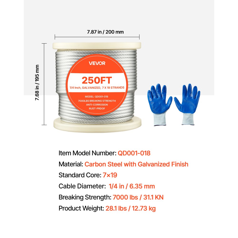 VEVOR 6.35 mm Wire Rope, 76.2 m Length, Zinc Galvanized Carbon Steel Cable with Gloves, 31.1 kN Breaking Strength, 7 x 19 Strands Construction, Wire Cable for Deck Railing System, Garden Trellis