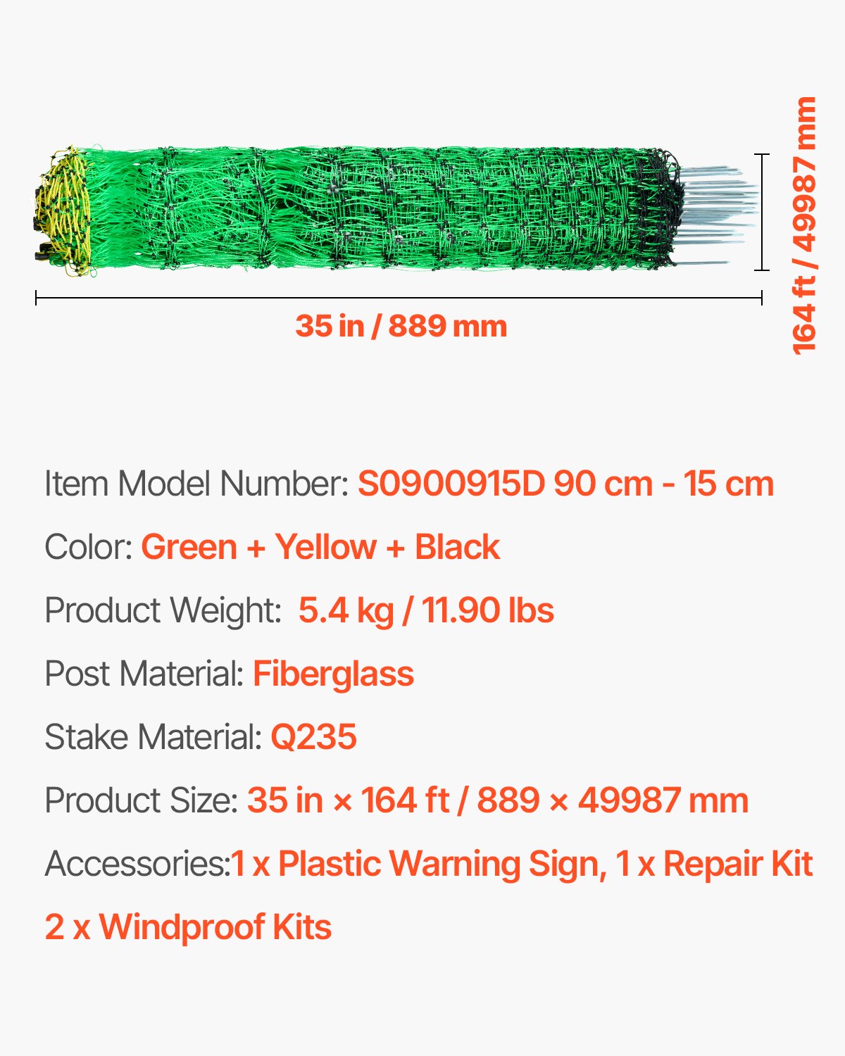 VEVOR electric fence net, 0.88 x 49.98 m, PE net fence with posts and double spikes, practical portable net for goats, sheep, lambs, deer, pigs, dogs, for use in backyards