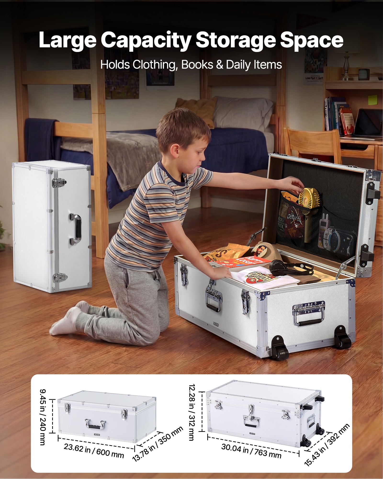 VEVOR 2 x Transportkoffer Aufbewahrungskoffer Aufbewahrungskisten Abschließbar, Große Aufbewahrungskiste mit Rollen & 3 Metallgriffen, Transportruhe mit Deckeln für Wohnung Studentenwohnheim Weiß