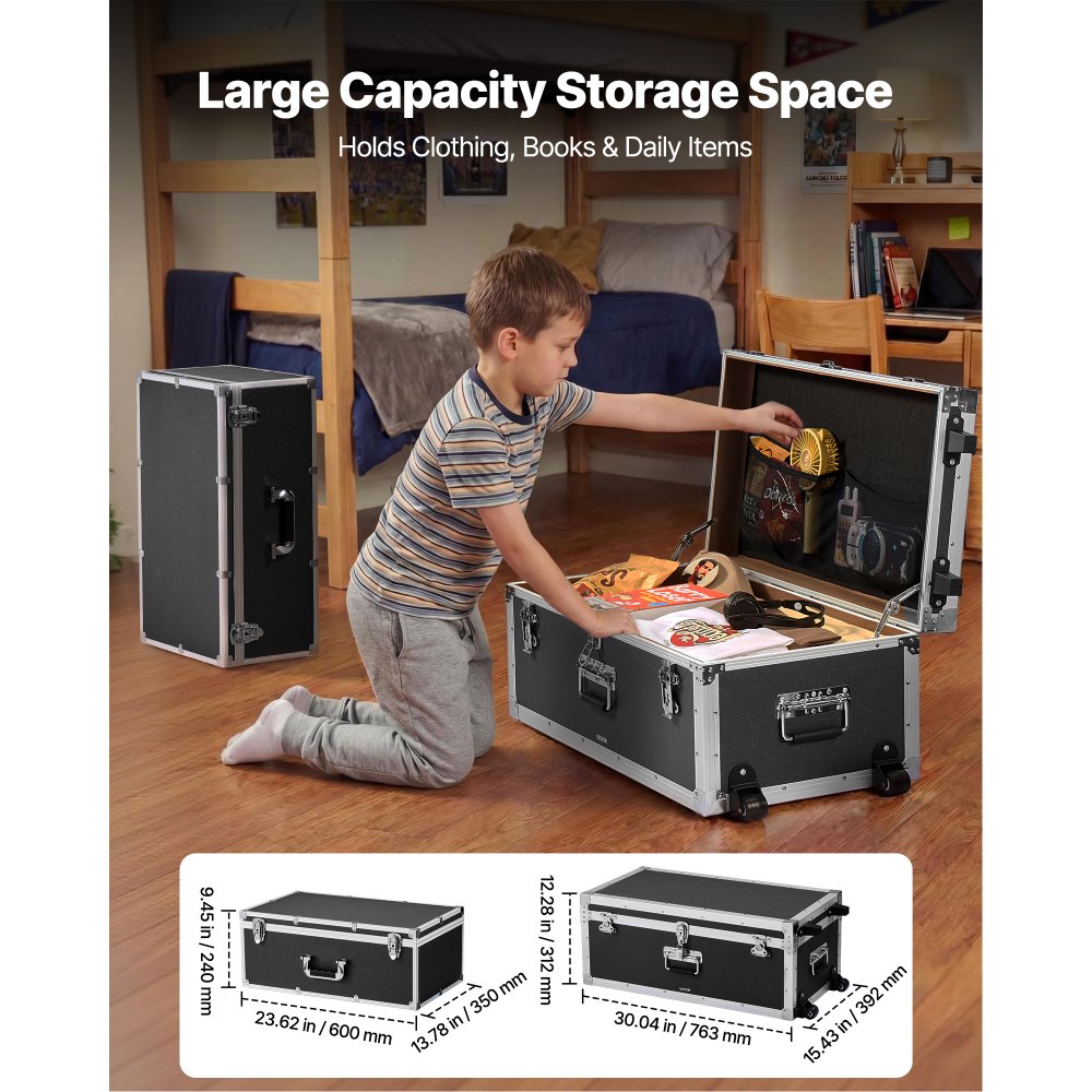 VEVOR 2 x Transportkoffer Aufbewahrungskoffer Aufbewahrungskisten Abschließbar, Große Aufbewahrungskiste mit Rollen & 3 Metallgriffen, Transportruhe mit Deckeln für Wohnung Studentenwohnheim Schwarz
