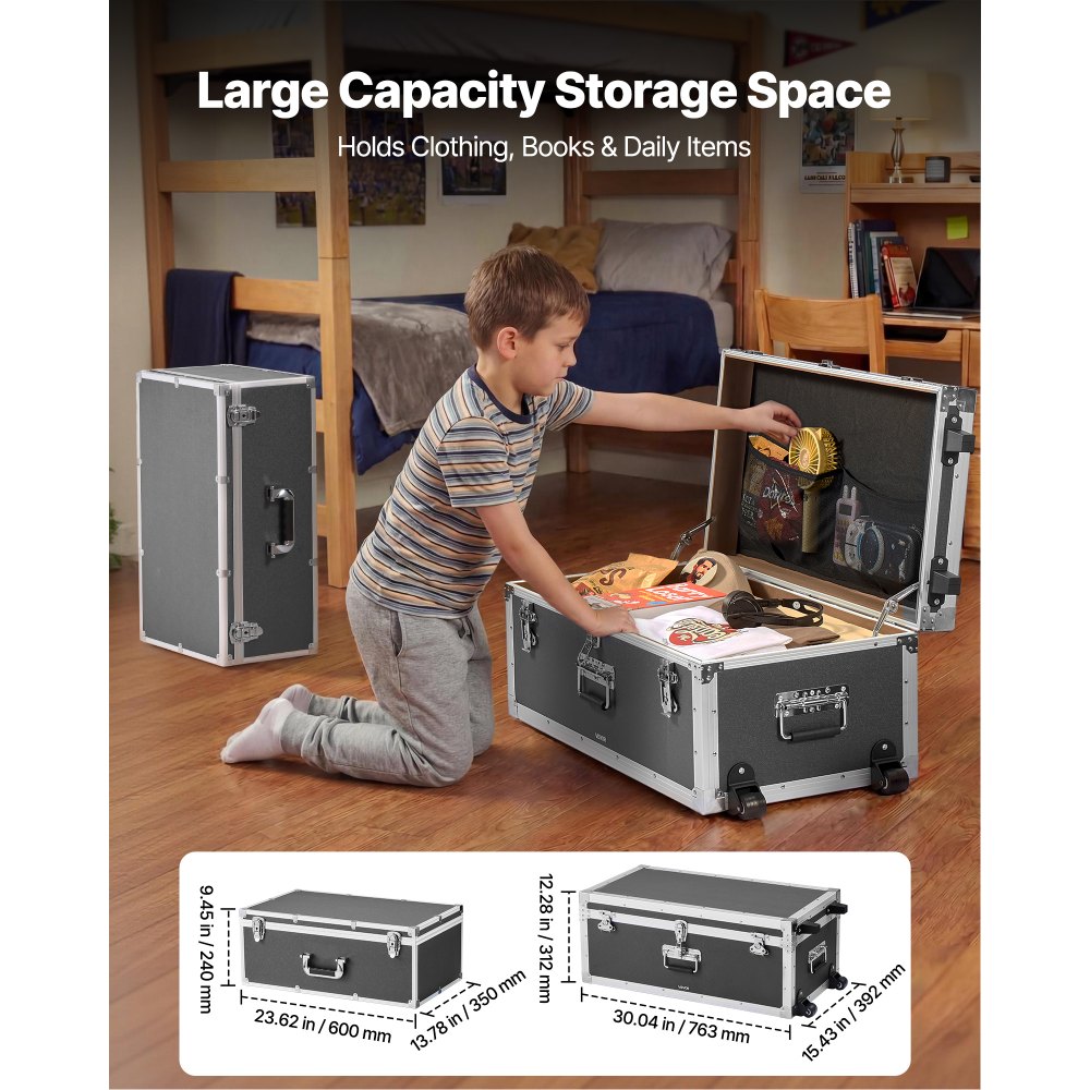 VEVOR 2 x Transportkoffer Aufbewahrungskoffer Aufbewahrungskisten Abschließbar, Große Aufbewahrungskiste mit Rollen & 3 Metallgriffen, Transportruhe mit Deckeln für Wohnung Studentenwohnheim Grau