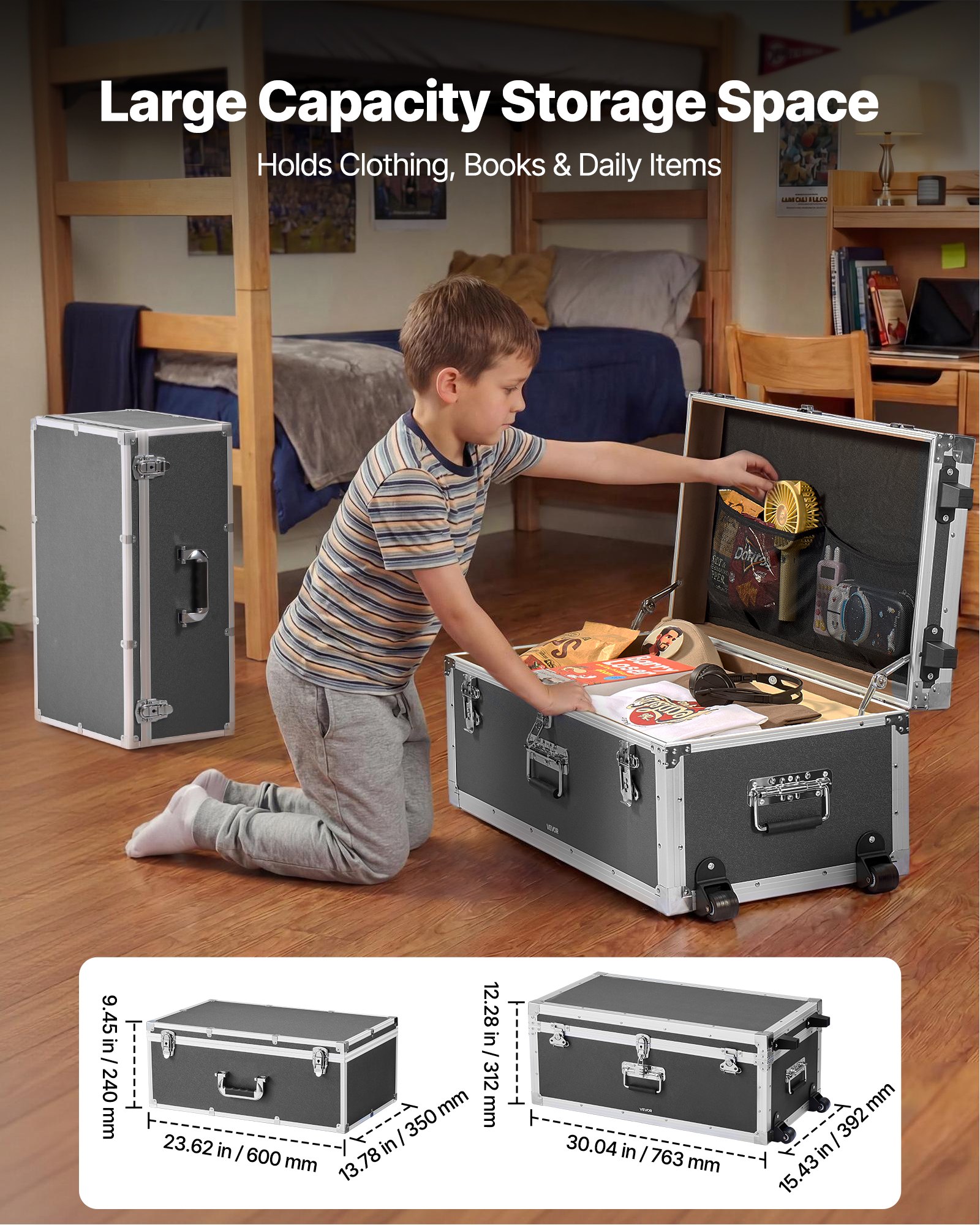 VEVOR 2 x Transportkoffer Aufbewahrungskoffer Aufbewahrungskisten Abschließbar, Große Aufbewahrungskiste mit Rollen & 3 Metallgriffen, Transportruhe mit Deckeln für Wohnung Studentenwohnheim Grau