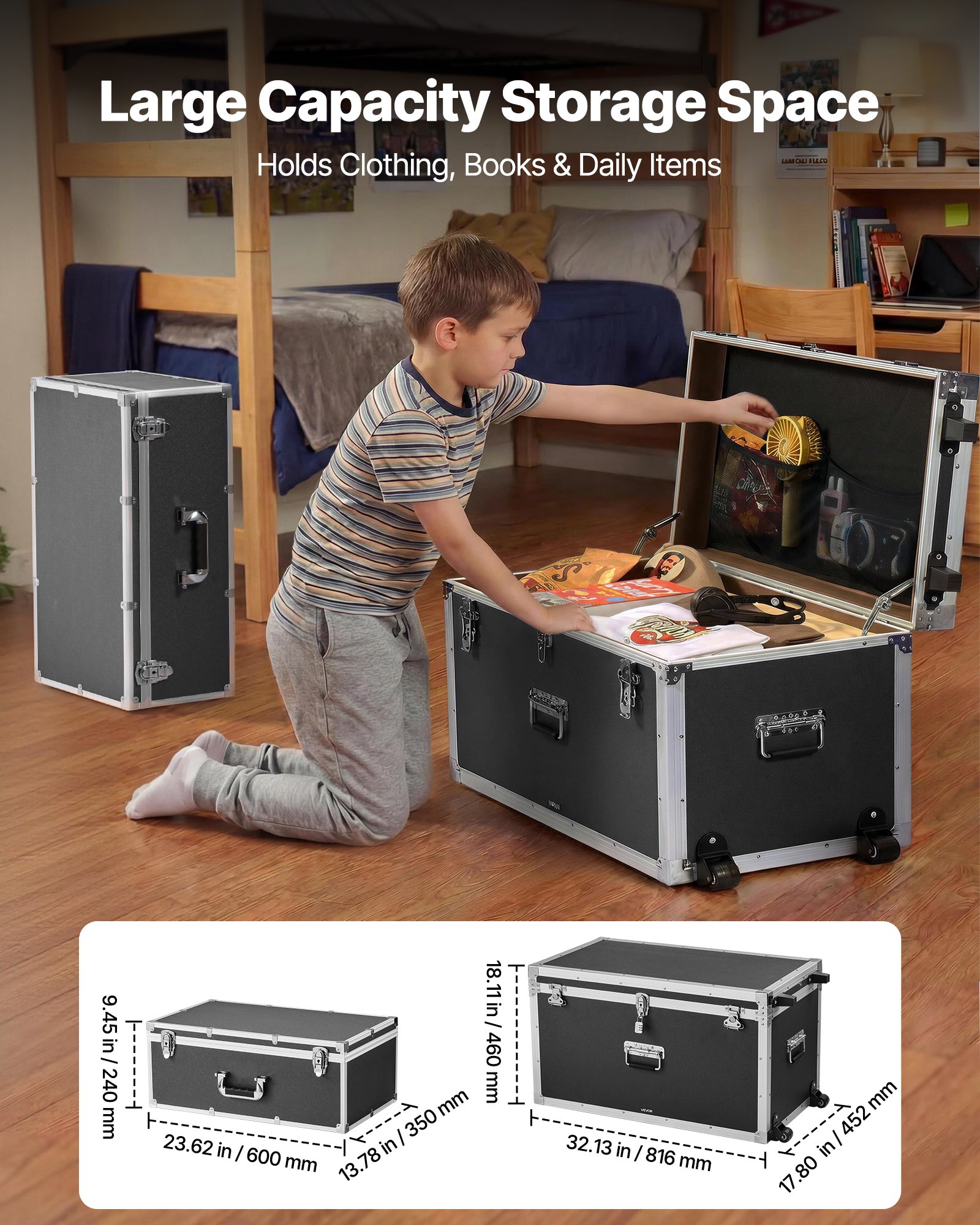 VEVOR 2 x Transportkoffer Aufbewahrungskoffer Aufbewahrungskiste Abschließbar, Große Aufbewahrungskiste (816 x 452 x 460 mm) mit Rollen & 3 Metallgriffen, Transportruhe mit Deckeln für Wohnung Schwarz