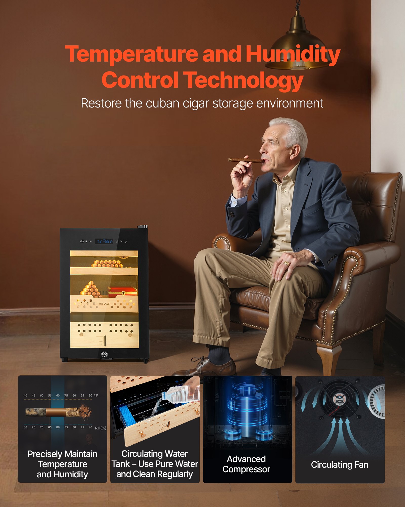 VEVOR elektrischer Zigarren-Humidorschrank 60 L 350 Stk. Zigarren-Humidorschrank mit Kompressorkühlung, konstanter Feuchtigkeits- und Temperaturregelung, Regalen und Schubladen 3-lagig