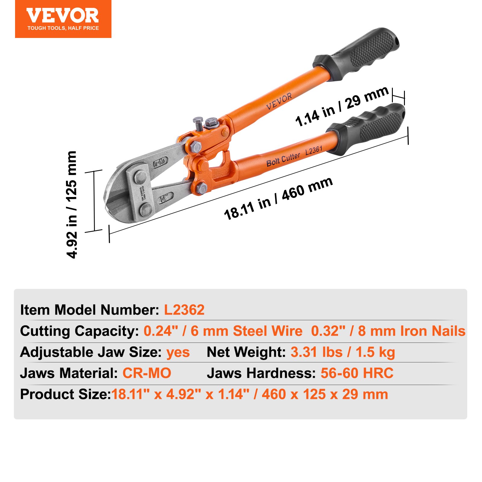 VEVOR Bolzenschneider Bolzenschere 457,2 mm, 8/6mm Bolzenschneider 56-60 HRC Seitenschneider Bolzenschere Kettenschneider Zum Schneiden von Stahldrähten, Ketten, usw. Drahtschneider Drahtschere