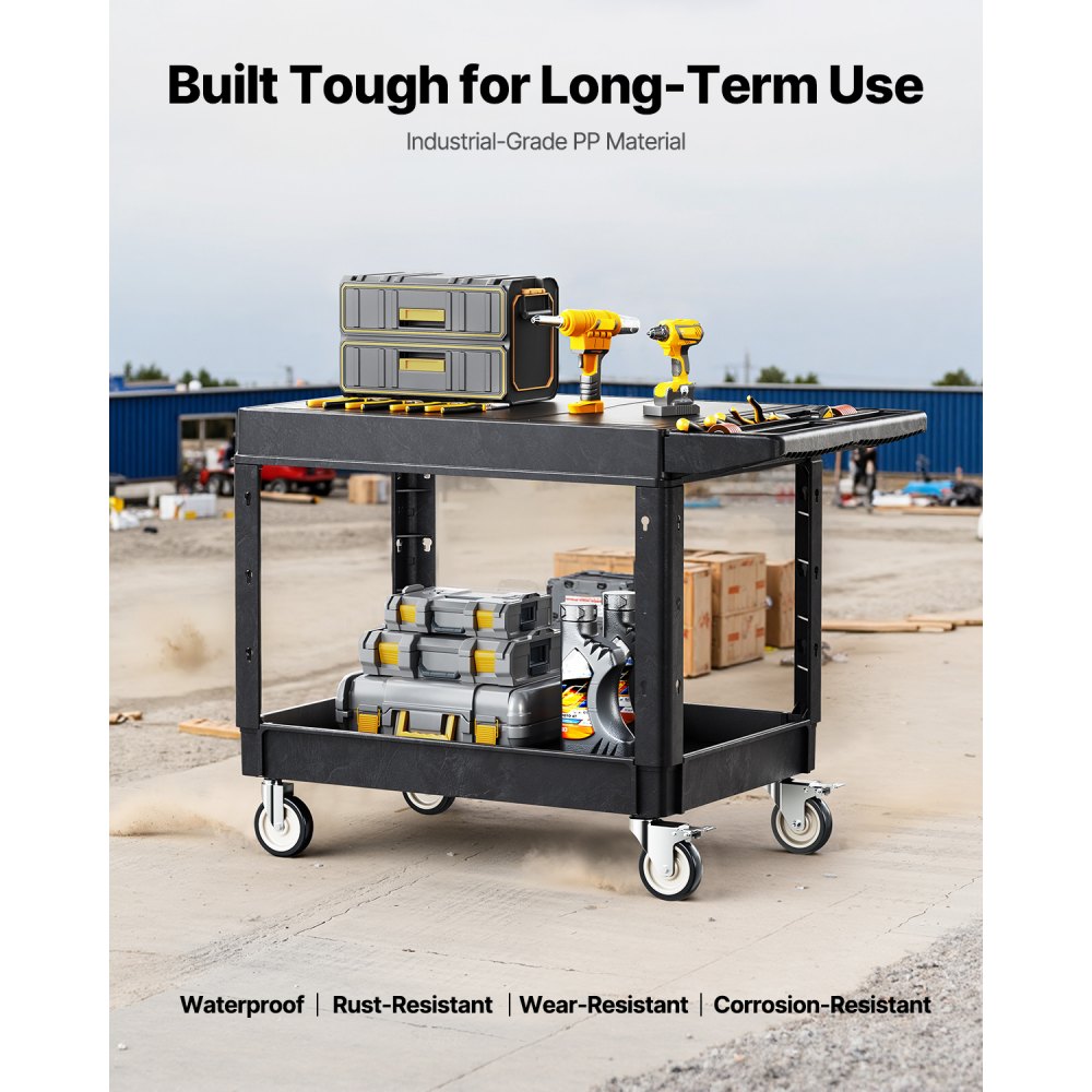 VEVOR Tool Trolley, 250 kg Load Capacity, Workshop Trolley, Multi-Purpose Trolley made of Plastic with Two Shelves & 360° Swivel Casters (2 with Brakes), Suitable for Warehouse, Garage, Cleaning, 1180x650x865 mm