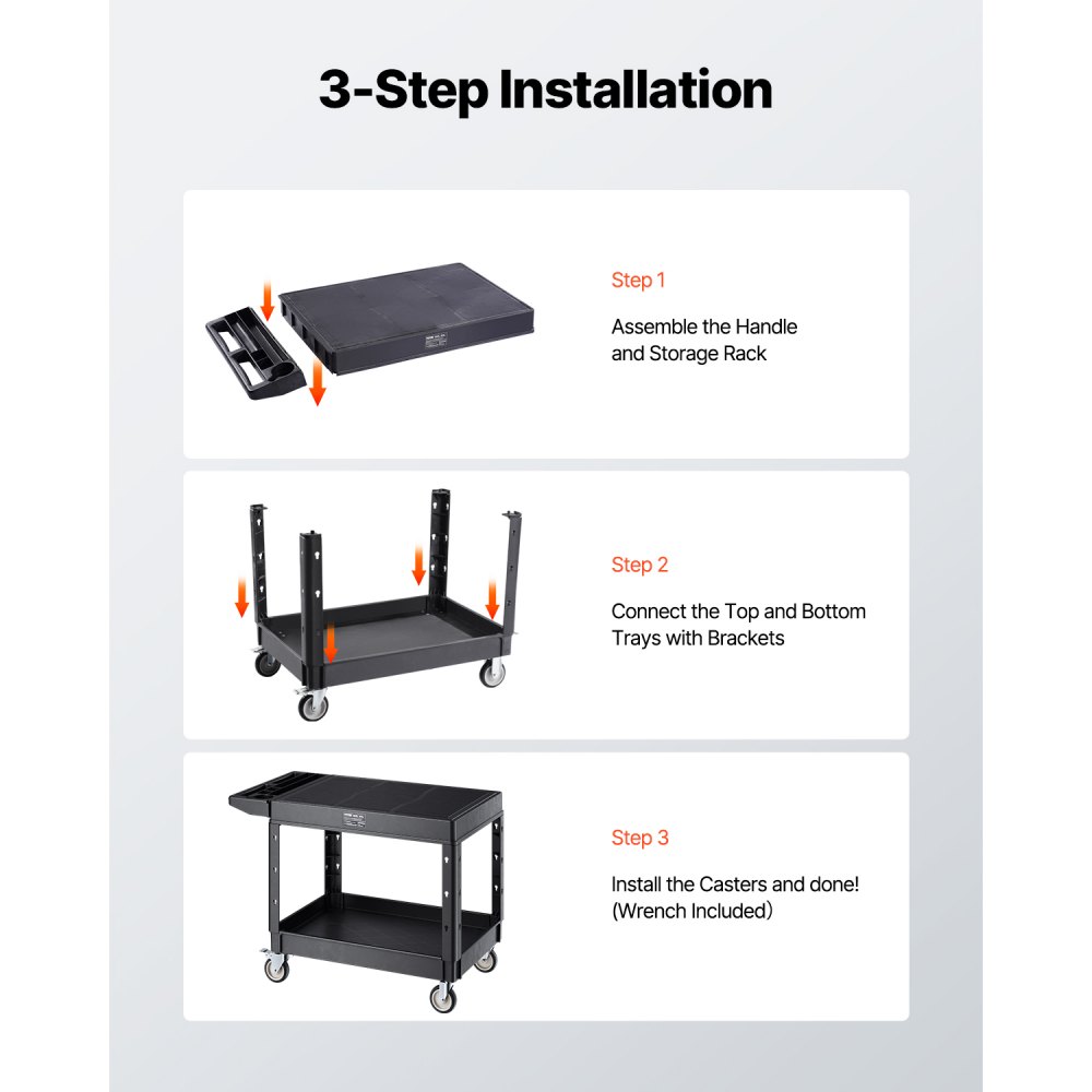 VEVOR Tool Trolley, 250 kg Load Capacity, Workshop Trolley, Multi-Purpose Trolley made of Plastic with Two Shelves & 360° Swivel Casters (2 with Brakes), Suitable for Warehouse, Garage, Cleaning, 1180x650x865 mm