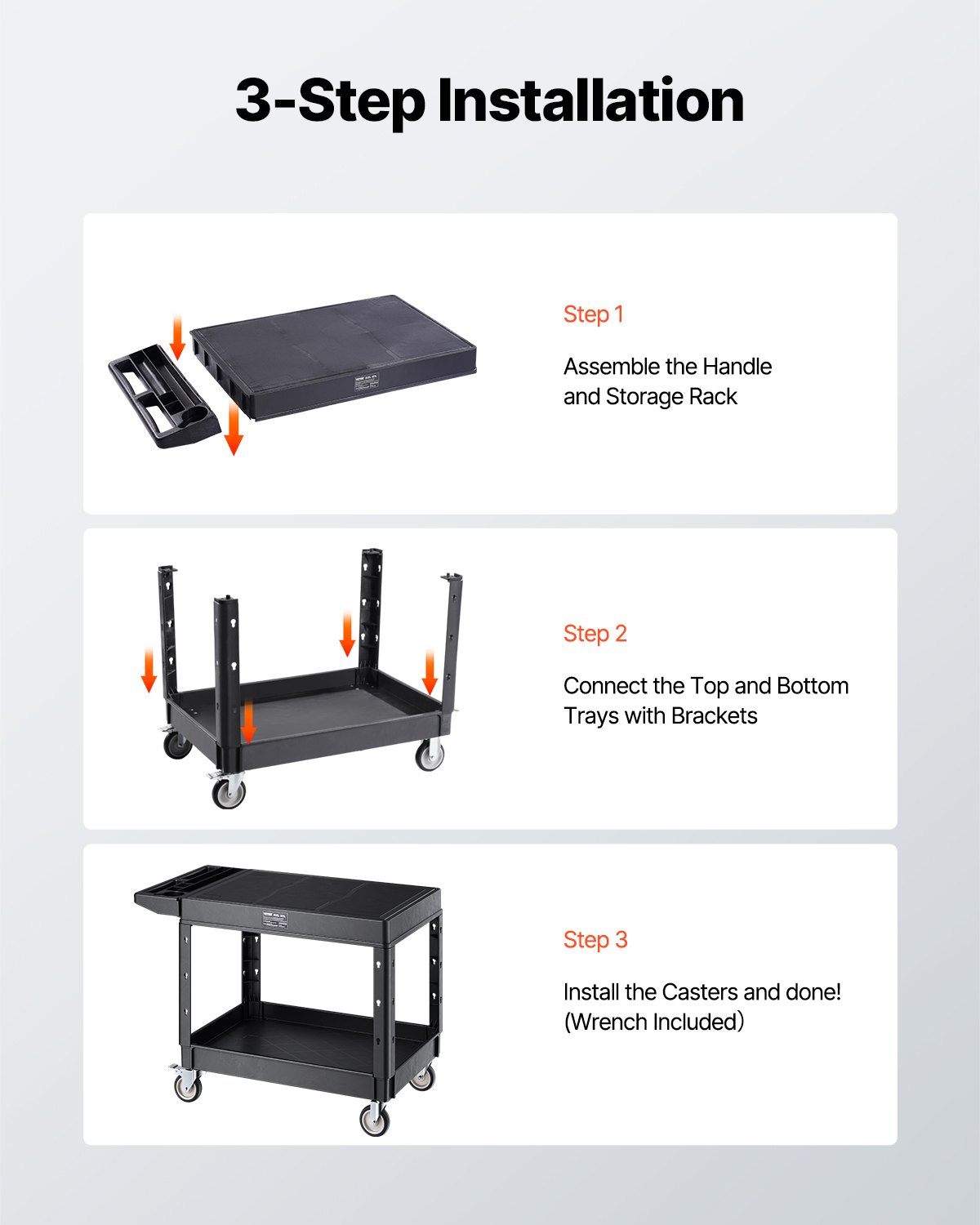 VEVOR Tool Trolley, 250 kg Load Capacity, Workshop Trolley, Multi-Purpose Trolley made of Plastic with Two Shelves & 360° Swivel Casters (2 with Brakes), Suitable for Warehouse, Garage, Cleaning, 1180x650x865 mm