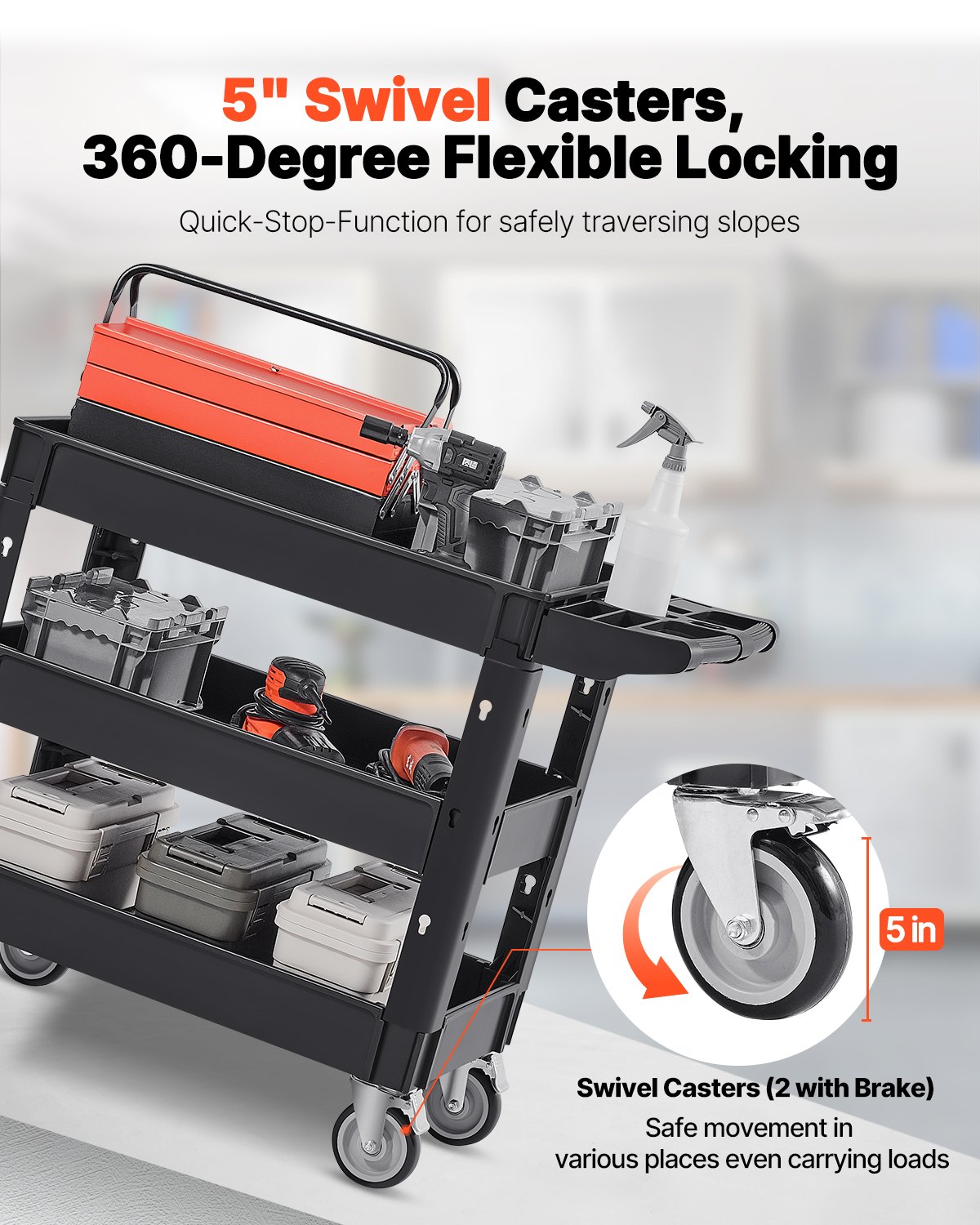 VEVOR Servierwagen 103x43,5x85,7cm Abräumwagen 249kg Tragfähigkeit Rollwagen aus Polypropylen Mehrzweckrollwagen mit 3 Fächern Küchenwagen mit Schwenkrädern Nischenwagen Werkstattwagen Servicewagen