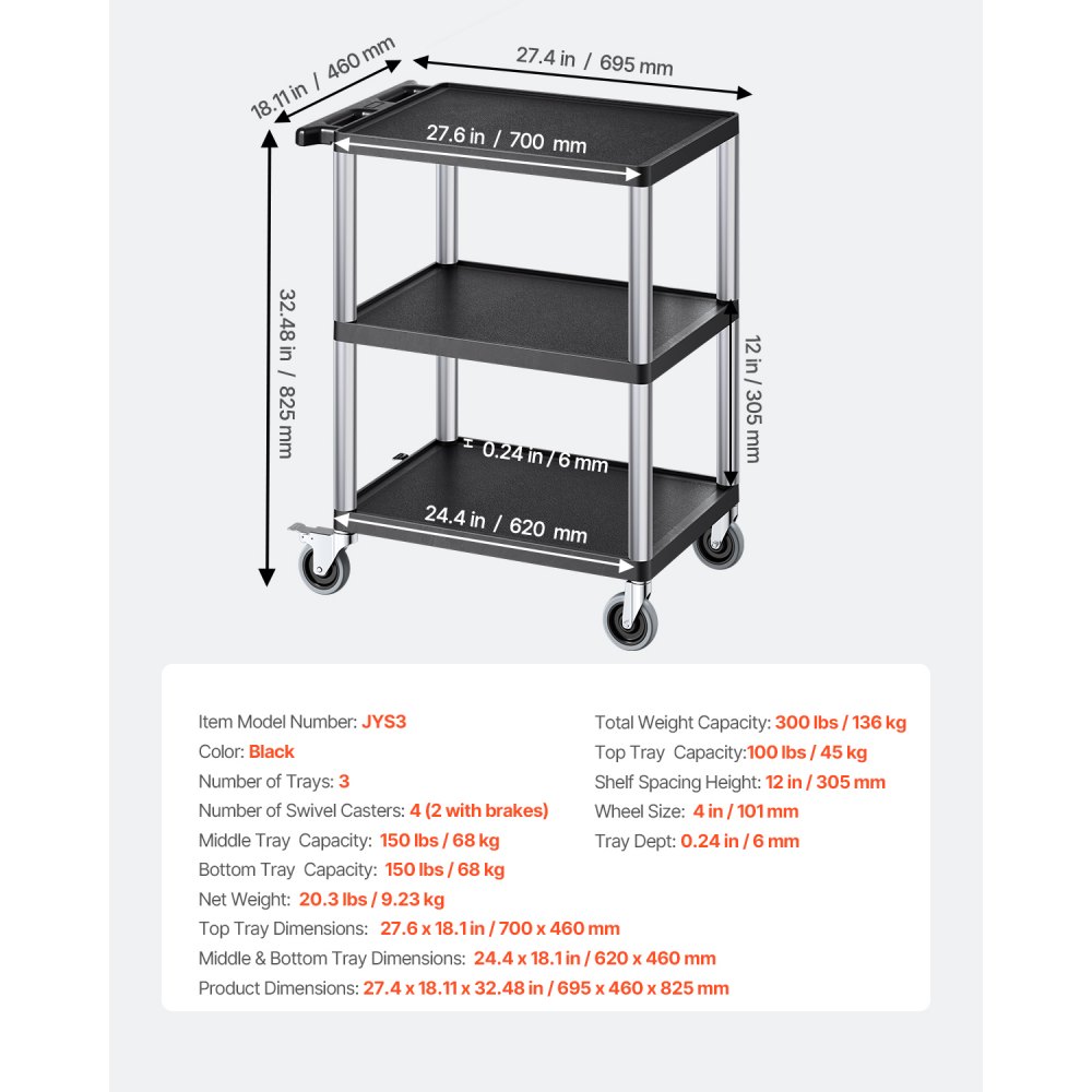 VEVOR Tool Trolley, 136 kg Load Capacity, Workshop Trolley, Multi-Purpose Trolley made of Plastic with Three Shelves & 360° Swivel Casters (2 with Brakes), Suitable for Warehouse, Garage, Cleaning, 695x460x825 mm