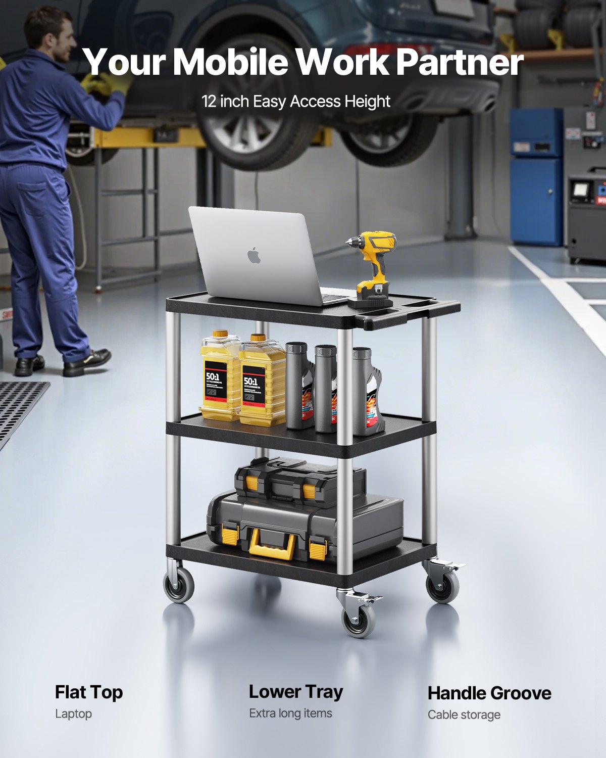 VEVOR Tool Trolley, 136 kg Load Capacity, Workshop Trolley, Multi-Purpose Trolley made of Plastic with Three Shelves & 360° Swivel Casters (2 with Brakes), Suitable for Warehouse, Garage, Cleaning, 695x460x825 mm