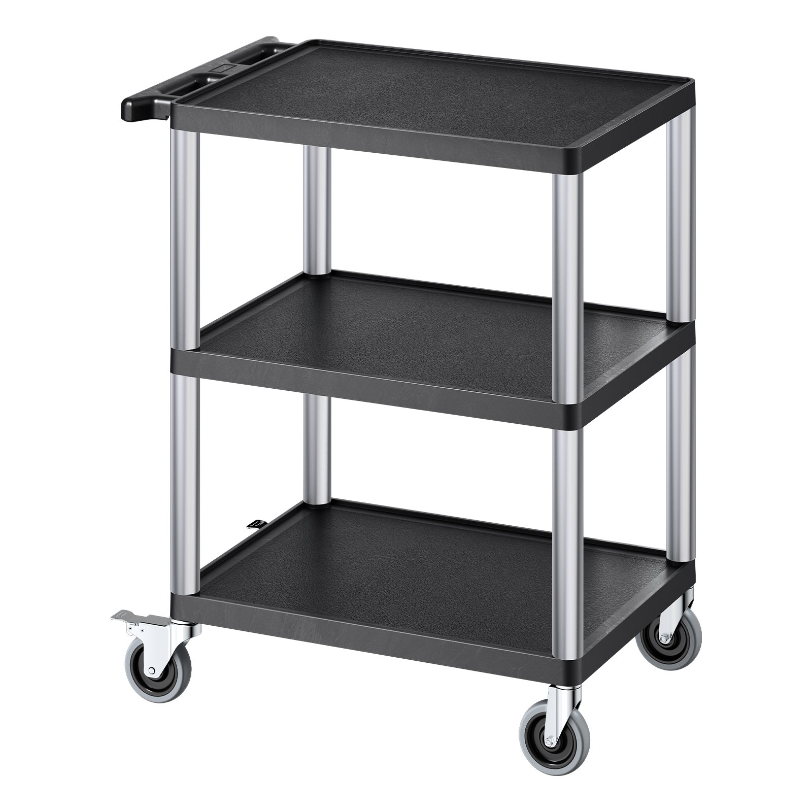 VEVOR Tool Trolley, 136 kg Load Capacity, Workshop Trolley, Multi-Purpose Trolley made of Plastic with Three Shelves & 360° Swivel Casters (2 with Brakes), Suitable for Warehouse, Garage, Cleaning, 695x460x825 mm