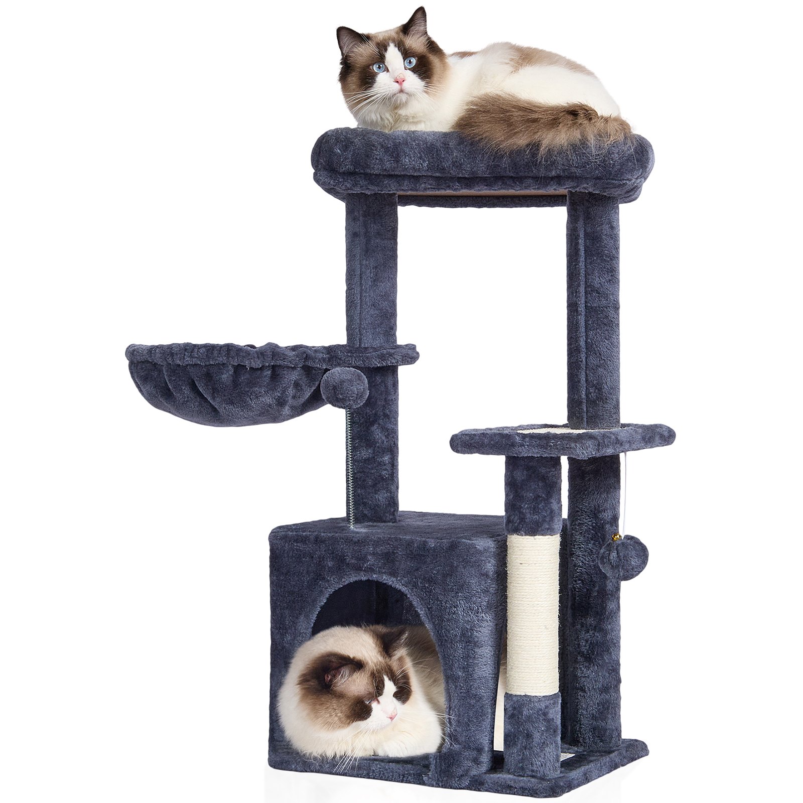 VEVOR Kratzbaum für Hauskatzen, 80 cm Katzenturm mit Katzenhaus, Sisal-Kratzbaum, Hängematte, Sitzstange oben, Sprungplattform, Katzenhaus mit Hängeball, Katzenmöbel-Aktivitätszentrum, Dunkelgrau