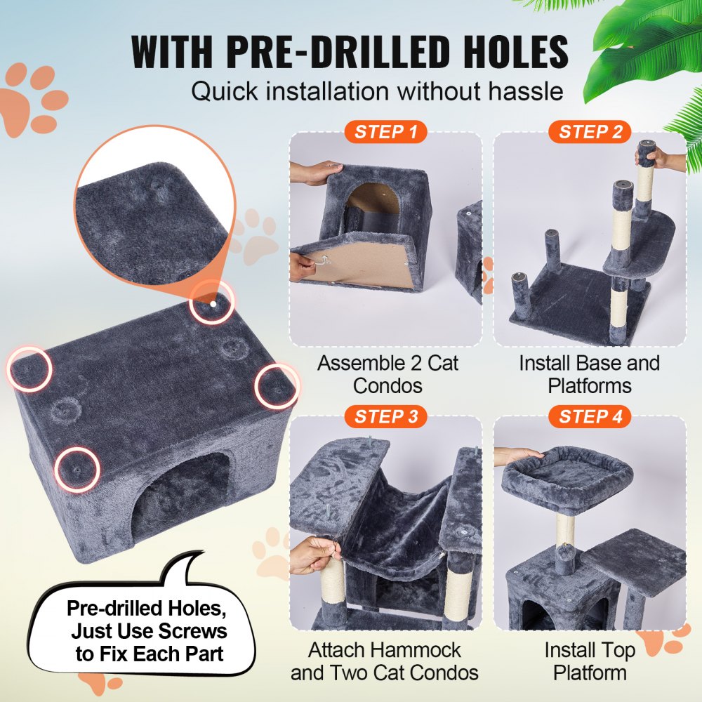 VEVOR Kratzbaum für Hauskatzen, 183 cm großer Katzenturm mit 2 Katzenhäusern, Sisal-Kratzbaum, Hängematte, Sitzstange oben, Sprungplattformen, großes Katzenmöbel-Aktivitätszentrum mit Hängeball, Dunkelgrau