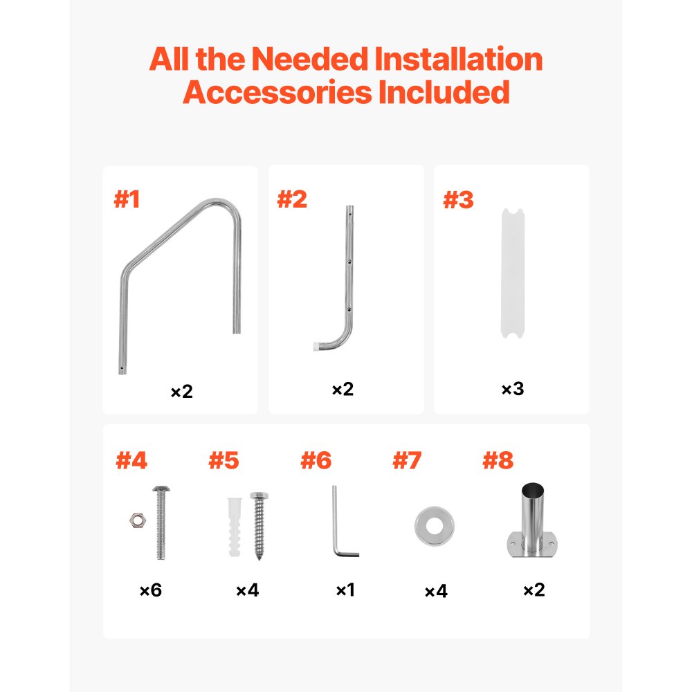 VEVOR Poolleiter Edelstahl 120 kg, 3-stufige Treppe mit Doppeltem Handlauf, Rutschfeste Stufen, Sicherheitsleiter für Ein- & Ausstiege von ca. 122 bis 137 cm Unterflur-Pool, 655x600x1580 mm