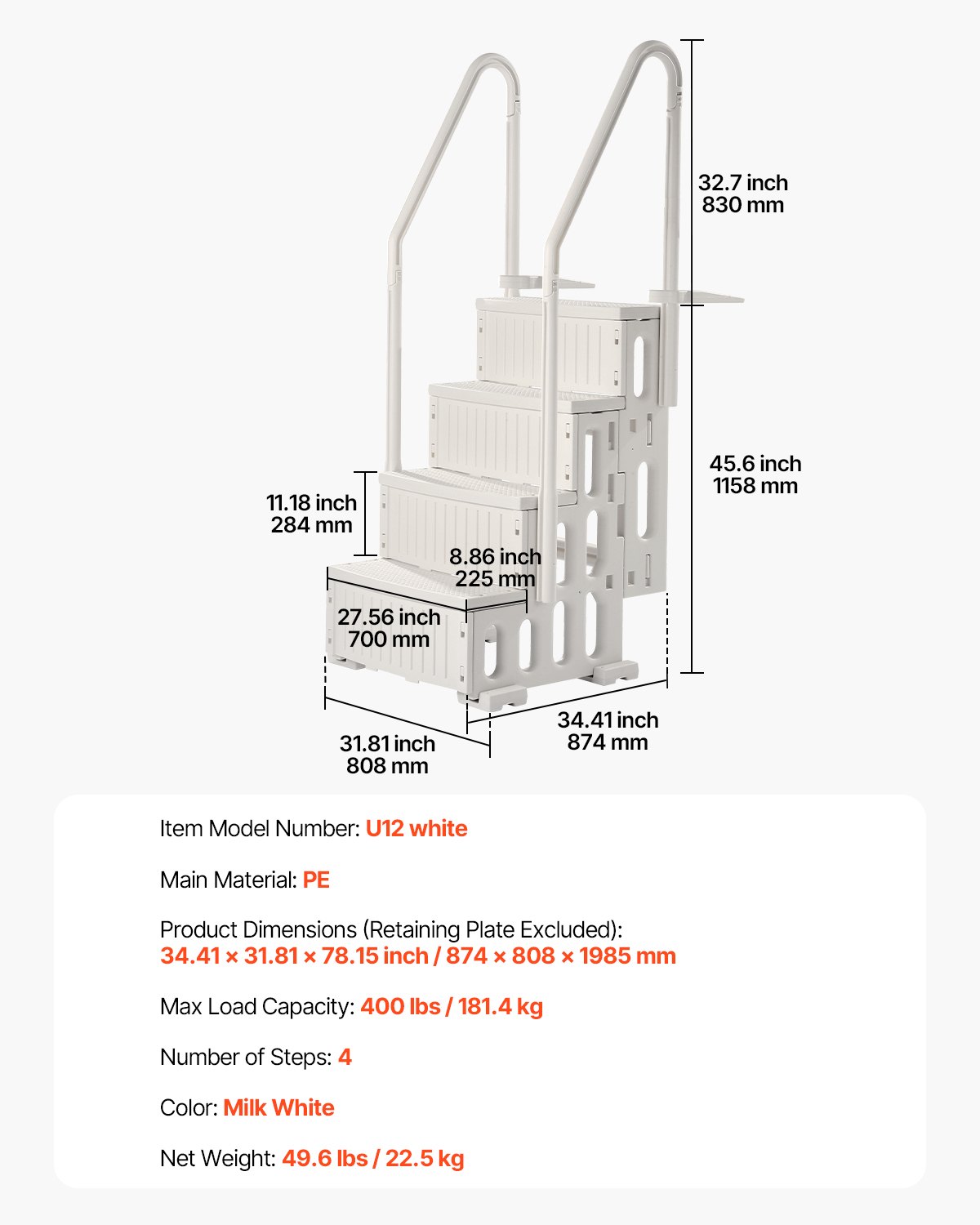 VEVOR Poolleiter, Kunststoff-Pooltreppe mit 2 Handläufen, 4 rutschfesten Stufen, 180 kg Tragkraft, Schwimmbadtreppe für 122-137 cm große Einbaupools, Terrasse, Haus, Innen, Außen, Weiß