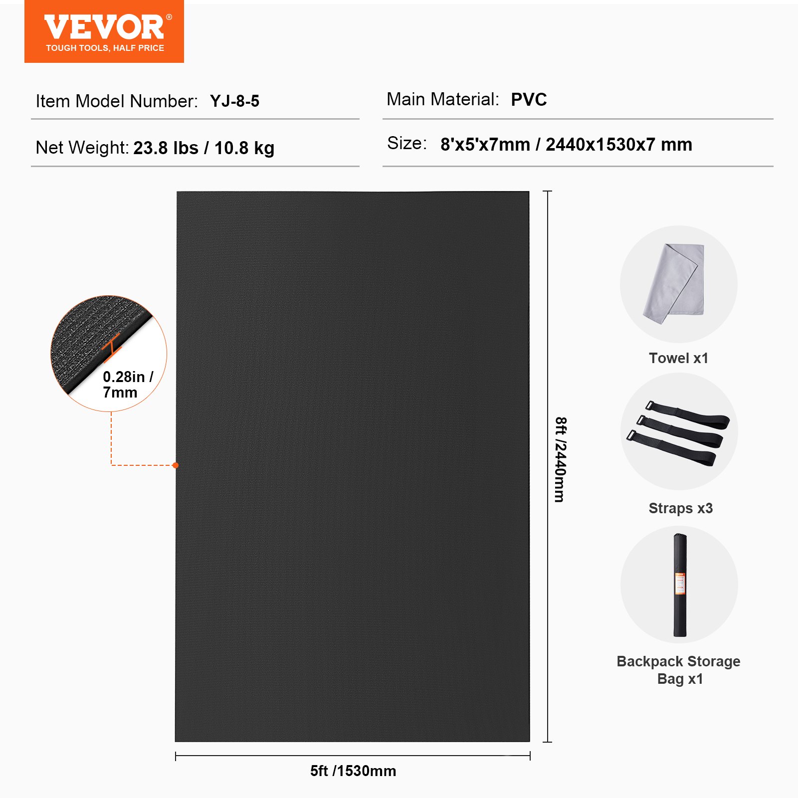 VEVOR Training Mat, Non-Slip, High-Density Premium Yoga Mat, Training Yoga Mat for Men and Women, Fitness and Exercise Mat with Bag and Carrying Strap, for All Types of Home Yoga, Pilates and Floor Training (2.4 x 1.5 m)