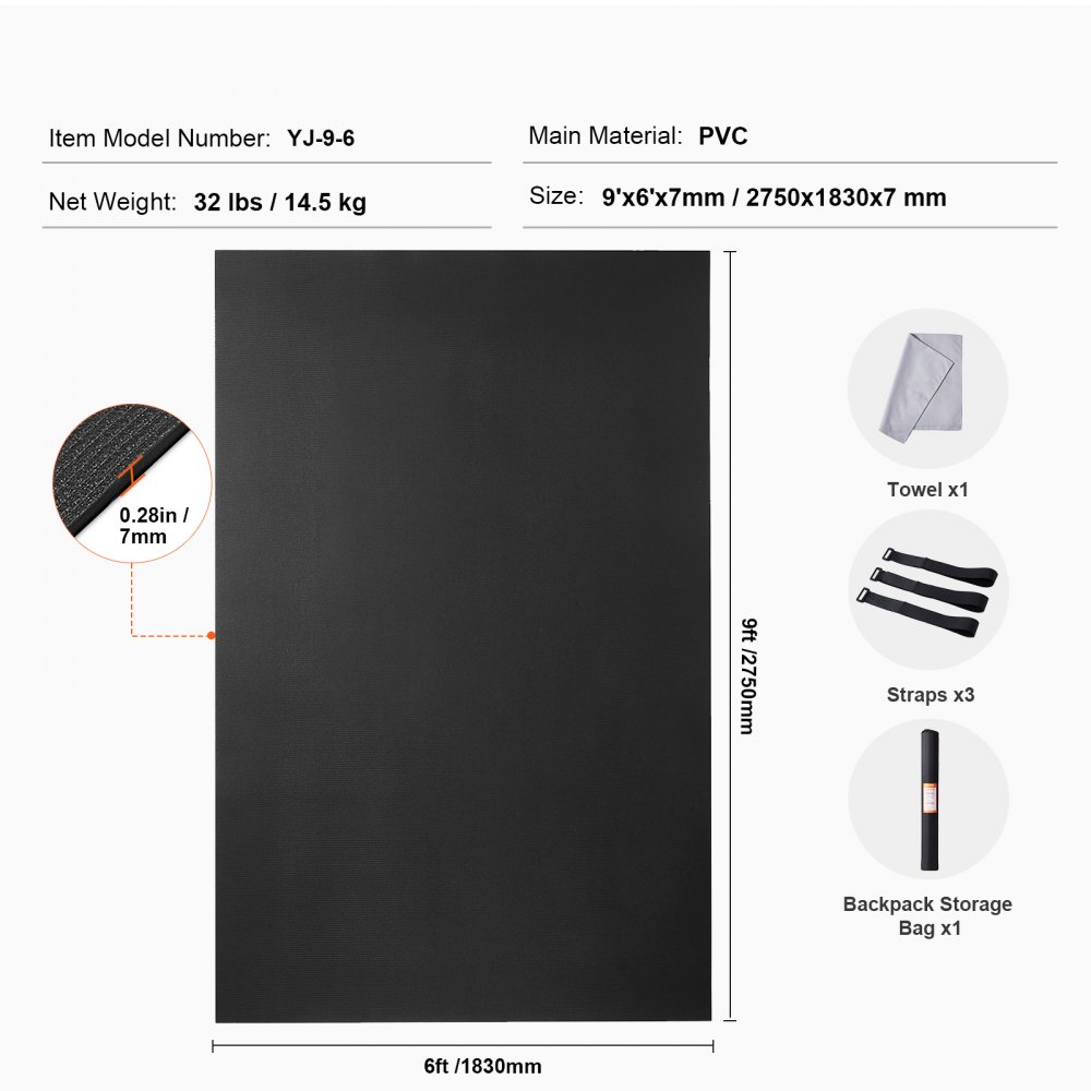 VEVOR Training Mat, Non-Slip, High-Density Premium Yoga Mat, Training Yoga Mat for Men and Women, Fitness and Exercise Mat with Bag and Carrying Strap, for All Types of Home Yoga, Pilates and Floor Training (2.7 x 1.8 m)