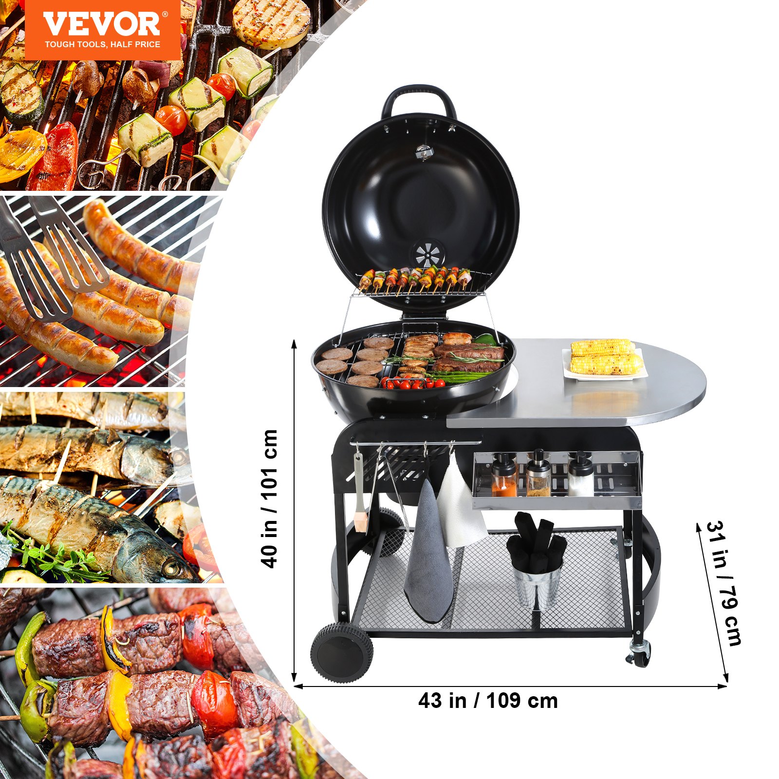 VEVOR Holzkohlegrillwagen Holzkohlegrills 109x79x101 cm, Kombgrill Grillkamin Standgrill 54 x 54 cm Grillfläche Campingrill mit Aschebecher & Haken, Outdoor BBQ Grill Kugelgrill Familienessen
