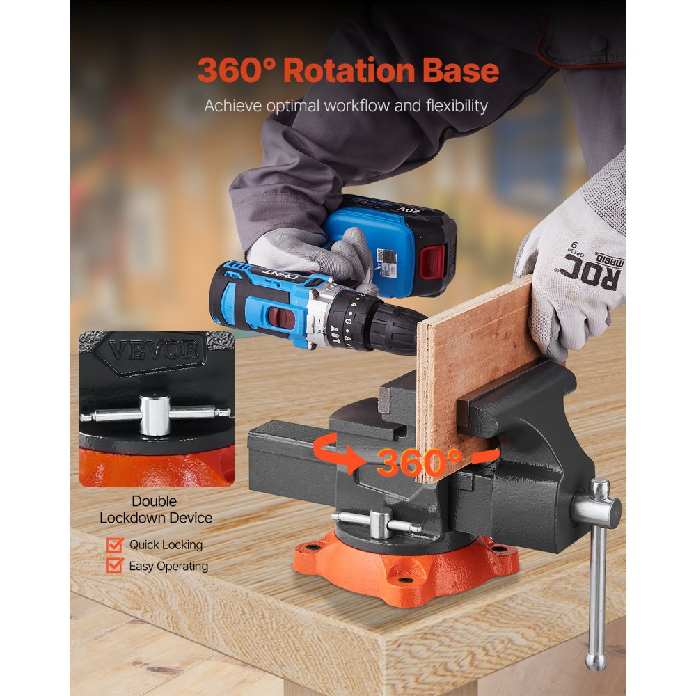 VEVOR Schraubstock, 140 mm Backenbreite, 140 mm max. Backenöffnung, 360° schwenkbare Feststellbasis, 73 mm Ausladung, Werkbank-Schraubstock aus Sphäroguss, Zwei-Wege-Backen zum Einspannen runder Rohre