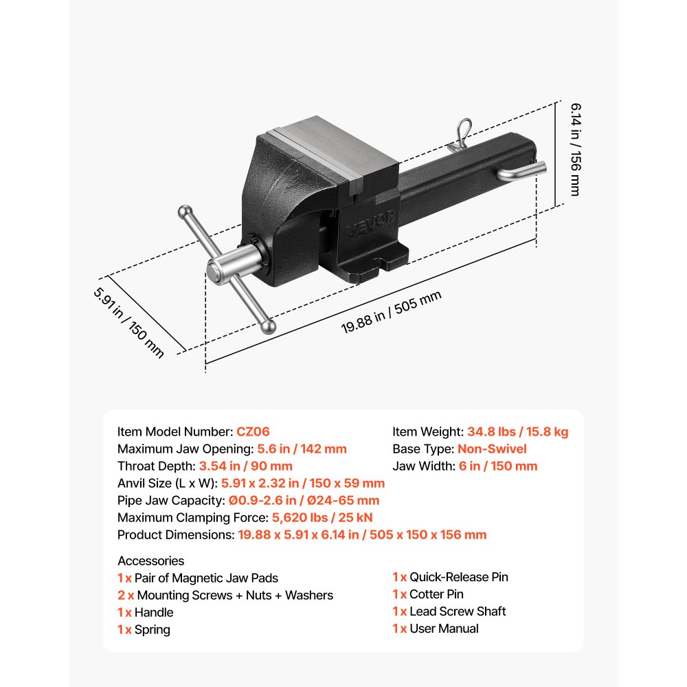 VEVOR Werkbankschraubstock 15 cm Backenbreite Schraubstock MIT 25 kN Spannkraft, für Sägen, Schleifen, Bohren und Rohrschneiden, mit 90 mm Ausladung, Griffverriegelung und Magnetischen Backenpolstern