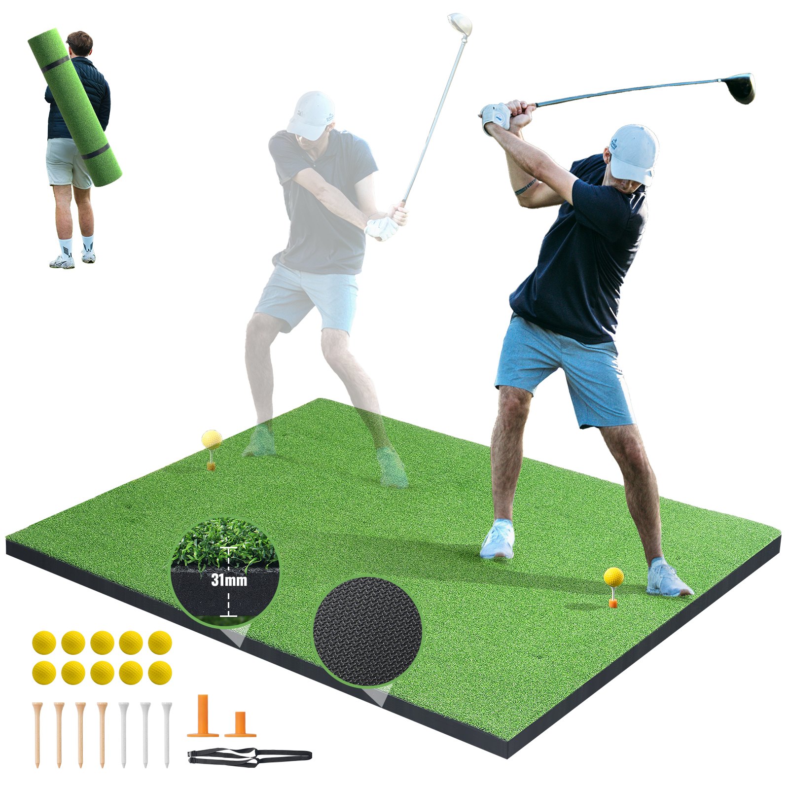 VEVOR Golfschlagmatte, Golf Rasen Übungsmatten 152 x 122 cm, verdickte Golf-Schlagtrainingshilfen mit 9 Golf-Tees, 10 Golfbällen, Golf-Übungsmatte im Hinterhof, Training im Innen- und Außenbereich