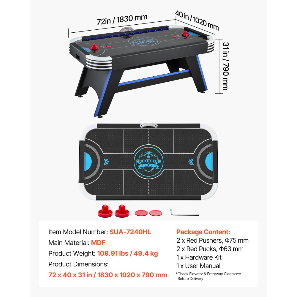 VEVOR Airhockeytisch 183 x 102 x 79 cm MDF Elektrischer Hockeytisch Schwarz Geeignet für Familien und Spieleabende, Elektronisches Punktesystem, LED-Beleuchtung, Eckenschutz und Verstellbare Standfüße