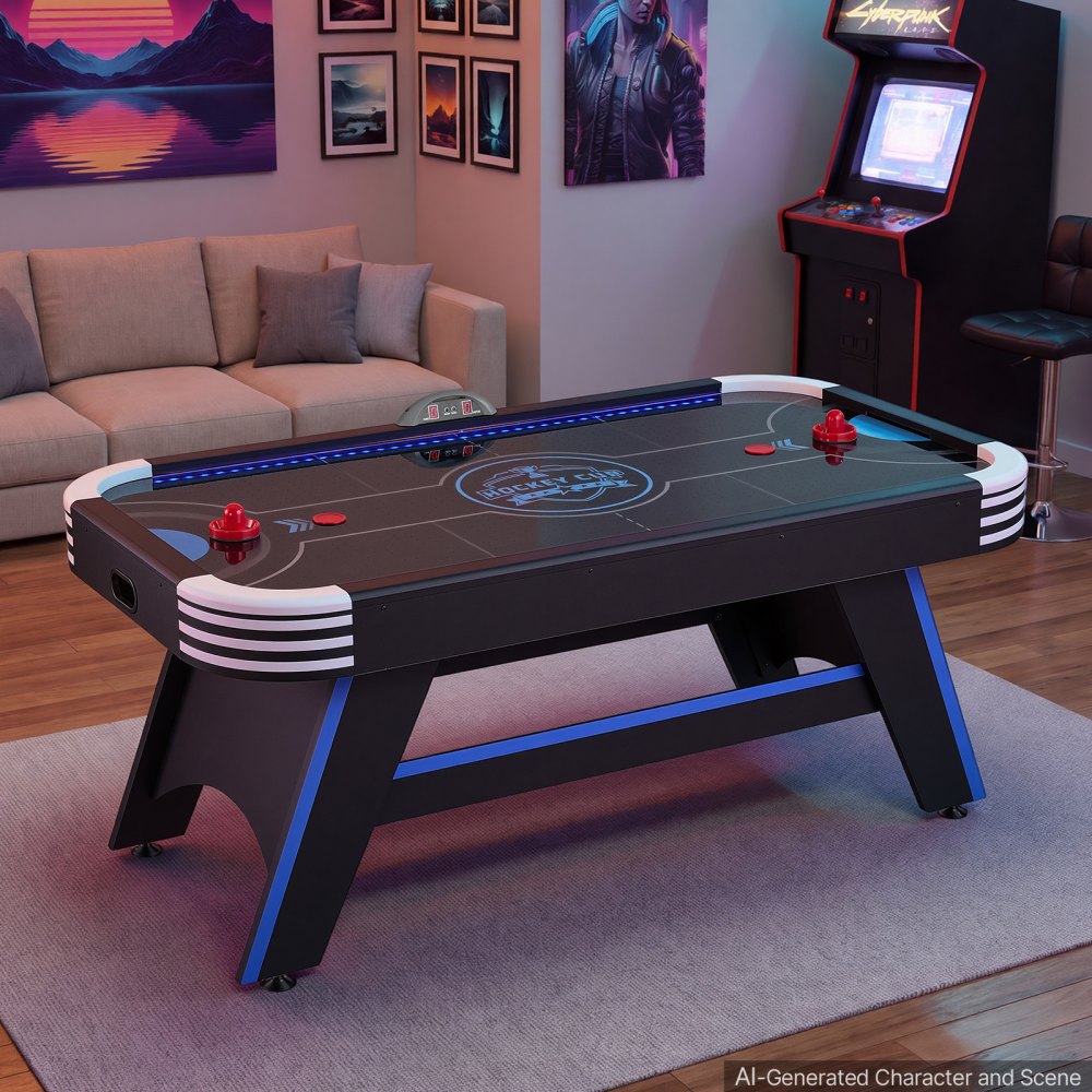 VEVOR Airhockeytisch 183 x 102 x 79 cm MDF Elektrischer Hockeytisch Schwarz Geeignet für Familien und Spieleabende, Elektronisches Punktesystem, LED-Beleuchtung, Eckenschutz und Verstellbare Standfüße