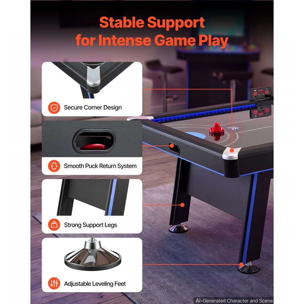 VEVOR Airhockeytisch 226 x 127 x 82 cm mit Elektronischem Punktesystem für Familienabende, Keller und Zuhause, Gleichmäßige Luftzirkulation, LED-Beleuchtung, Eckenschutz und Verstellbare Füße