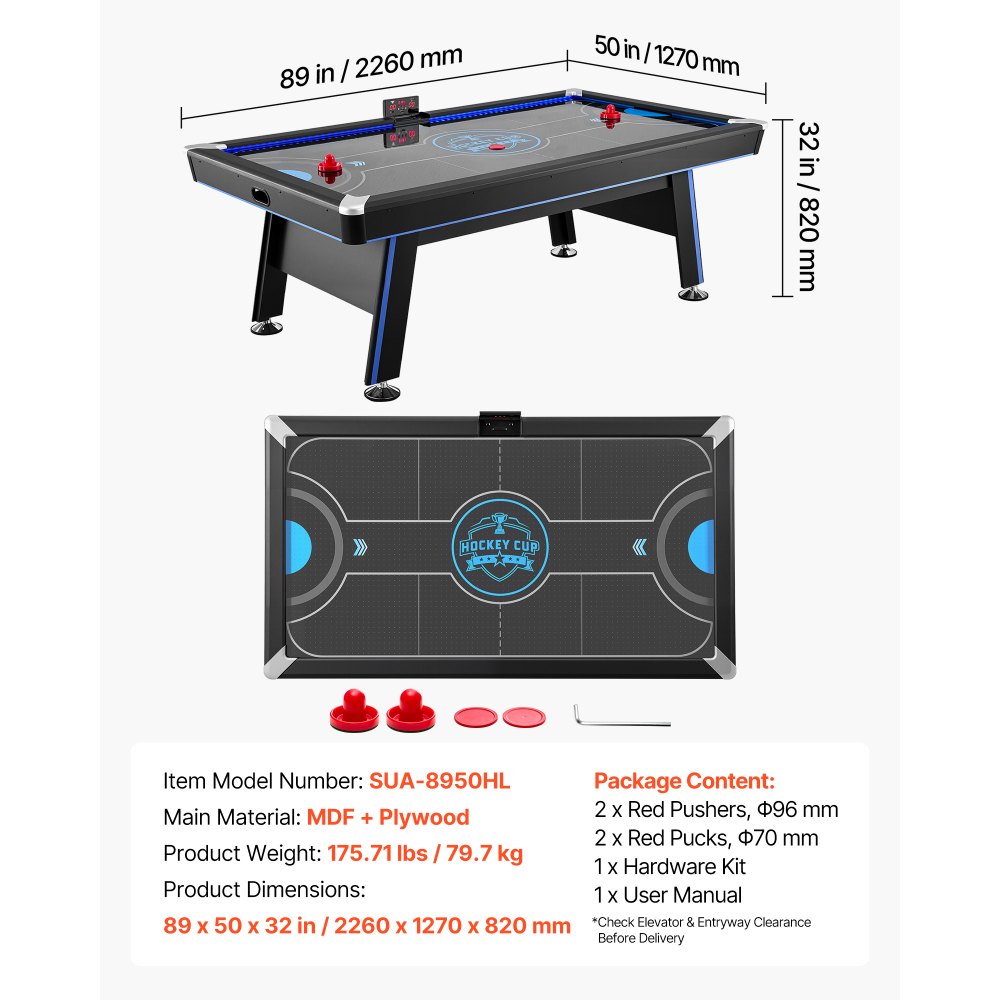 VEVOR Airhockeytisch 226 x 127 x 82 cm mit Elektronischem Punktesystem für Familienabende, Keller und Zuhause, Gleichmäßige Luftzirkulation, LED-Beleuchtung, Eckenschutz und Verstellbare Füße