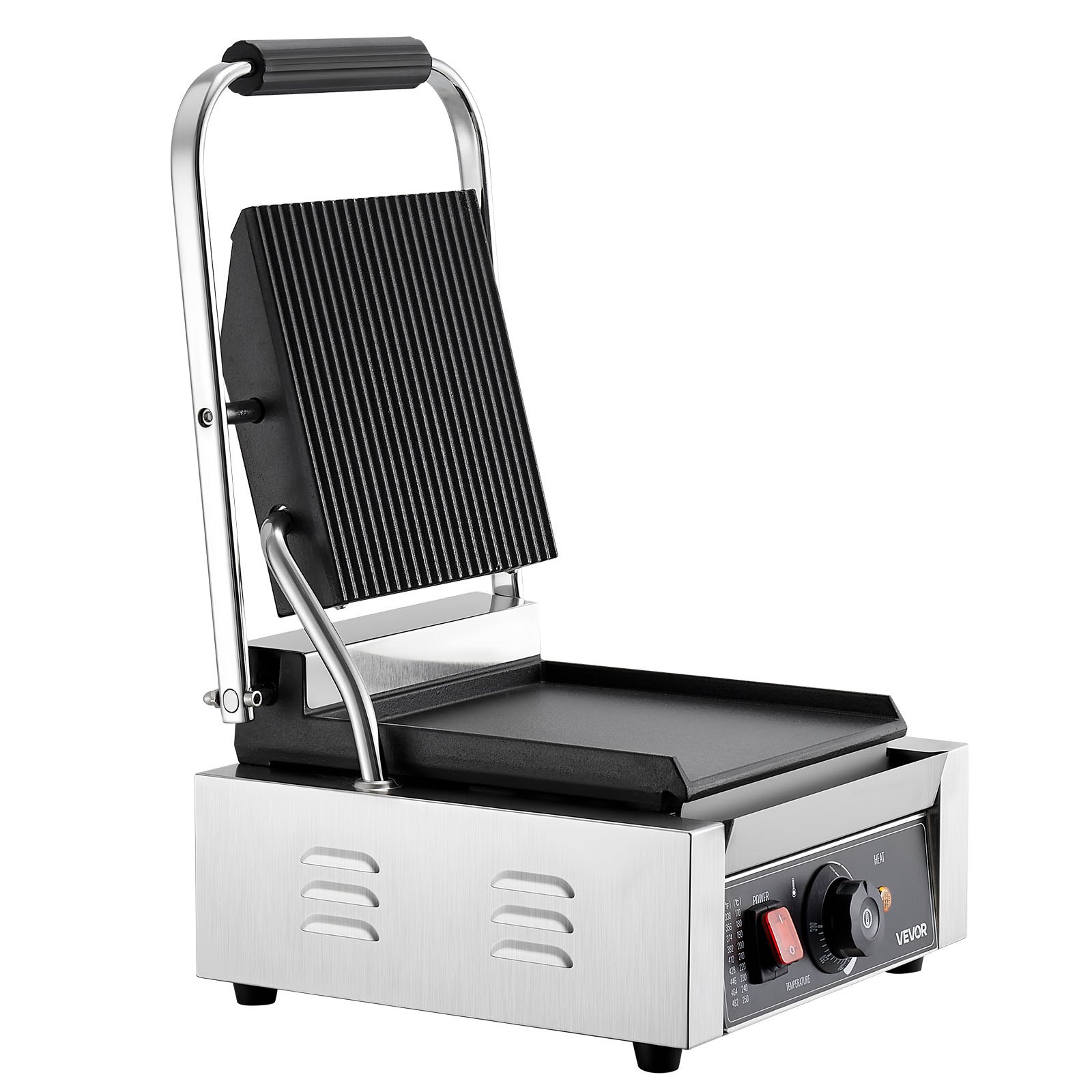 VEVOR Kommerzieller Kontaktgrill 1800 W Elektrogrill Sandwichmaker Panini Presse aus Edelstahl mit Griff &  Temperaturregelung, 22 x 23 cm flache Emailleplatte (Einzel), für Hamburger Steak Speck