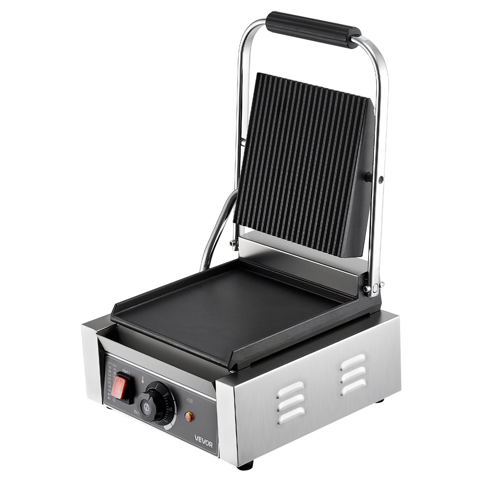 VEVOR Kommerzieller Kontaktgrill 1800 W Elektrogrill Sandwichmaker Panini Presse aus Edelstahl mit Griff &  Temperaturregelung, 22 x 23 cm flache Emailleplatte (Einzel), für Hamburger Steak Speck