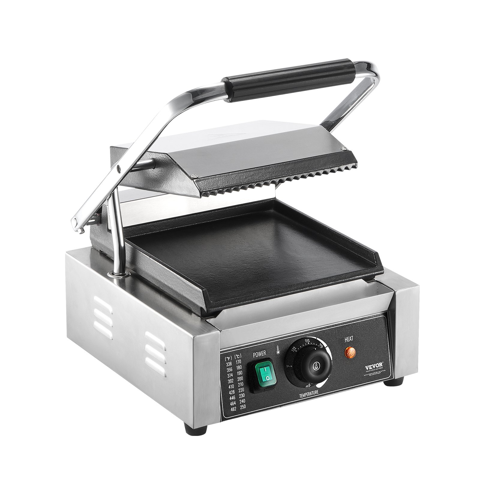 VEVOR kommerzieller Panini-Grill, 1800 W elektrischer Sandwich-Panini-Maker, Sandwich-Pressgrill aus Edelstahl, Panini-Grill mit Temperaturregelung und 23 x 23 cm großer flacher Emaille-Platte