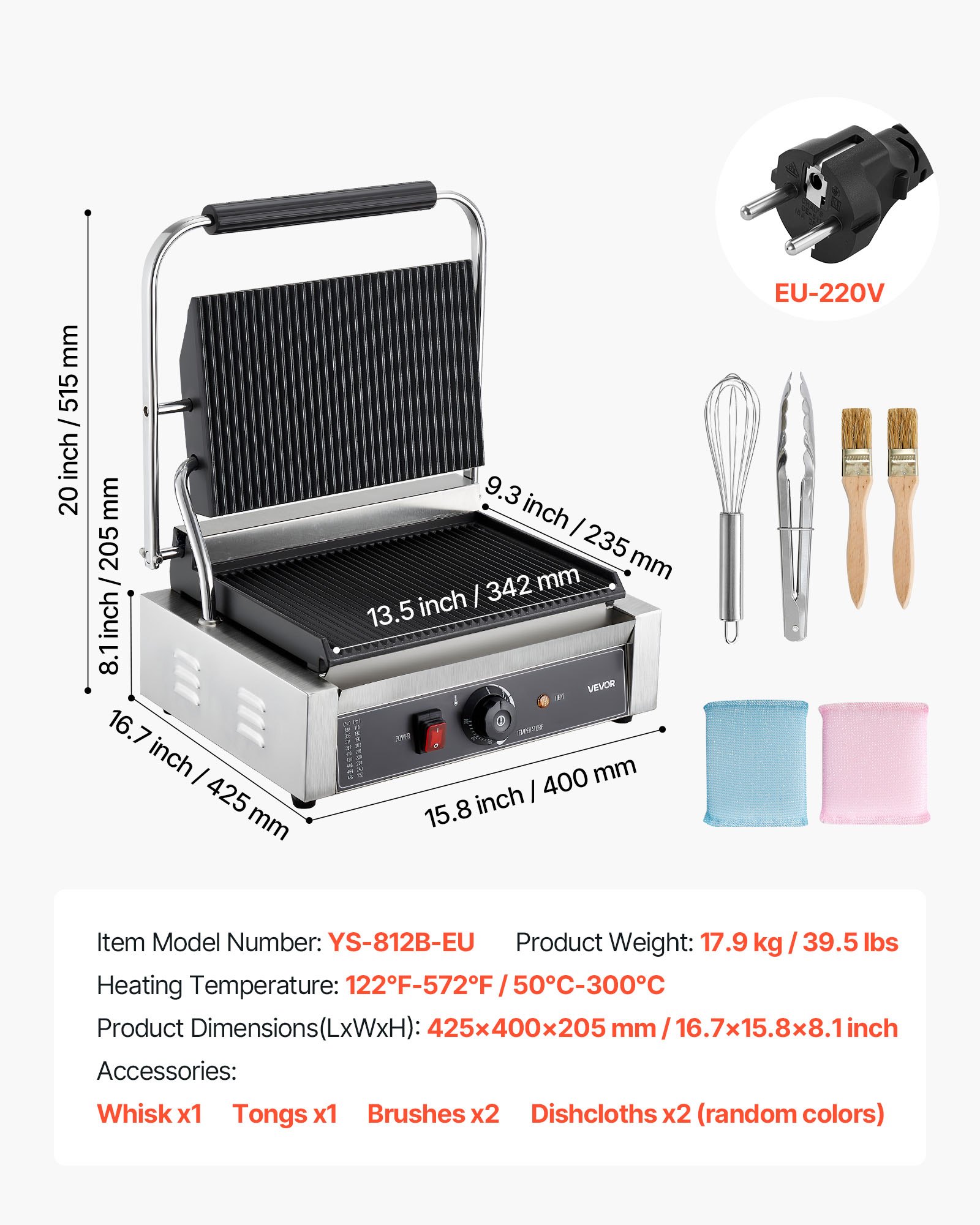 VEVOR Commercial Panini Grill, Contact Grill 2200 W for Sandwiches, Steak, Bacon, Hamburgers, Stainless Steel Sandwich Maker Press Grill with Handle & Temperature Control & 34 x 23 cm Heating Plate, Panini Press
