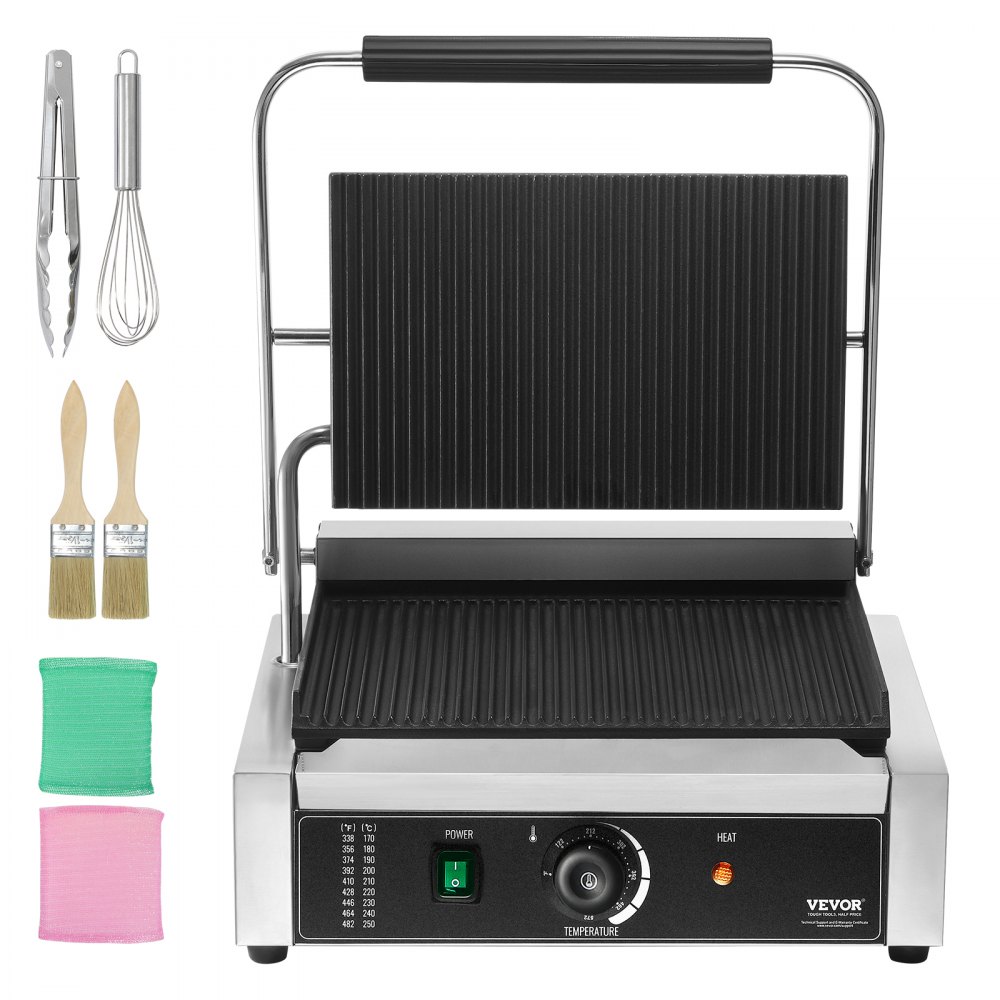 VEVOR kommerzieller Panini-Grill, 2,2 kW elektrischer Sandwich-Panini-Maker, Sandwichpresse Edelstahl, Panini-Grill mit Temperaturregelung & 36 x 23 cm großer voll gerillter Emaille-Platte