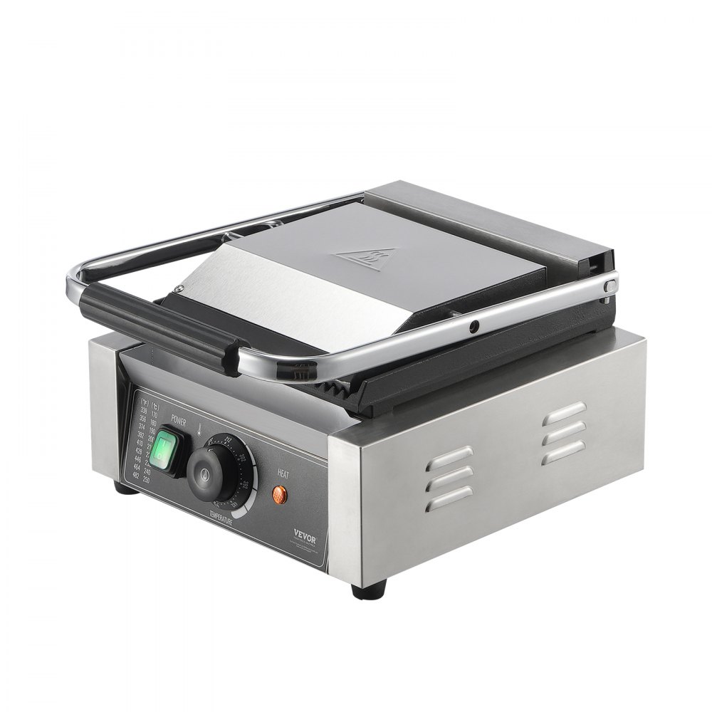 VEVOR Commercial Panini Grill, 1.8 kW Electric Sandwich Panini Maker, Stainless Steel Sandwich Press Grill, Panini Grill with Temperature Control & 23 x 23 cm Fully Ribbed Enamel Plate
