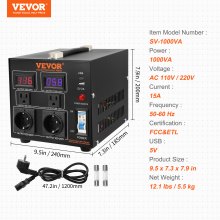 VEVOR 1000VA Spannungswandler Transformator AC 110V⇋220V Transformer Wandler 2x US NEMA 5-15R 3-polige/2x standardmäßige europäische Shucko-Ausgangssteckdosen, 1x 5V-USB-Anschluss, 1x Typ-C-Buchse